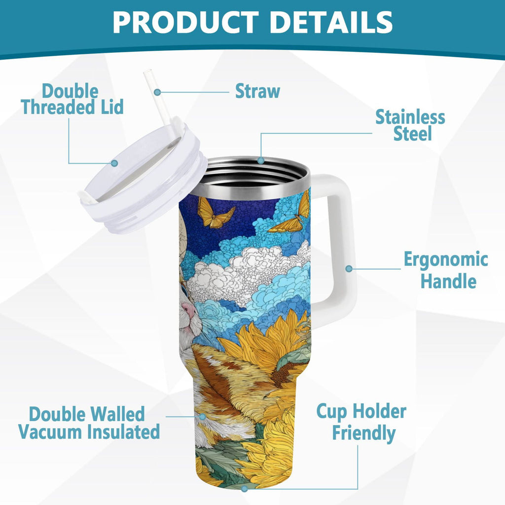 40 oz Insulated Stainless Steel Tumbler Double Wall Stainless Steel Tumbler with 2-Way Drinking Cat Lies in The Sunflowers - IUWO