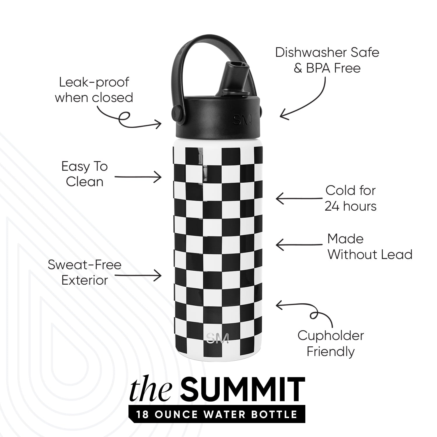 Simple Modern 18 fl oz Insulated Stainless Steel Summit Wide Mouth Water Bottle with Handle and Straw Lid|Black and White Checkmate - GQ5P