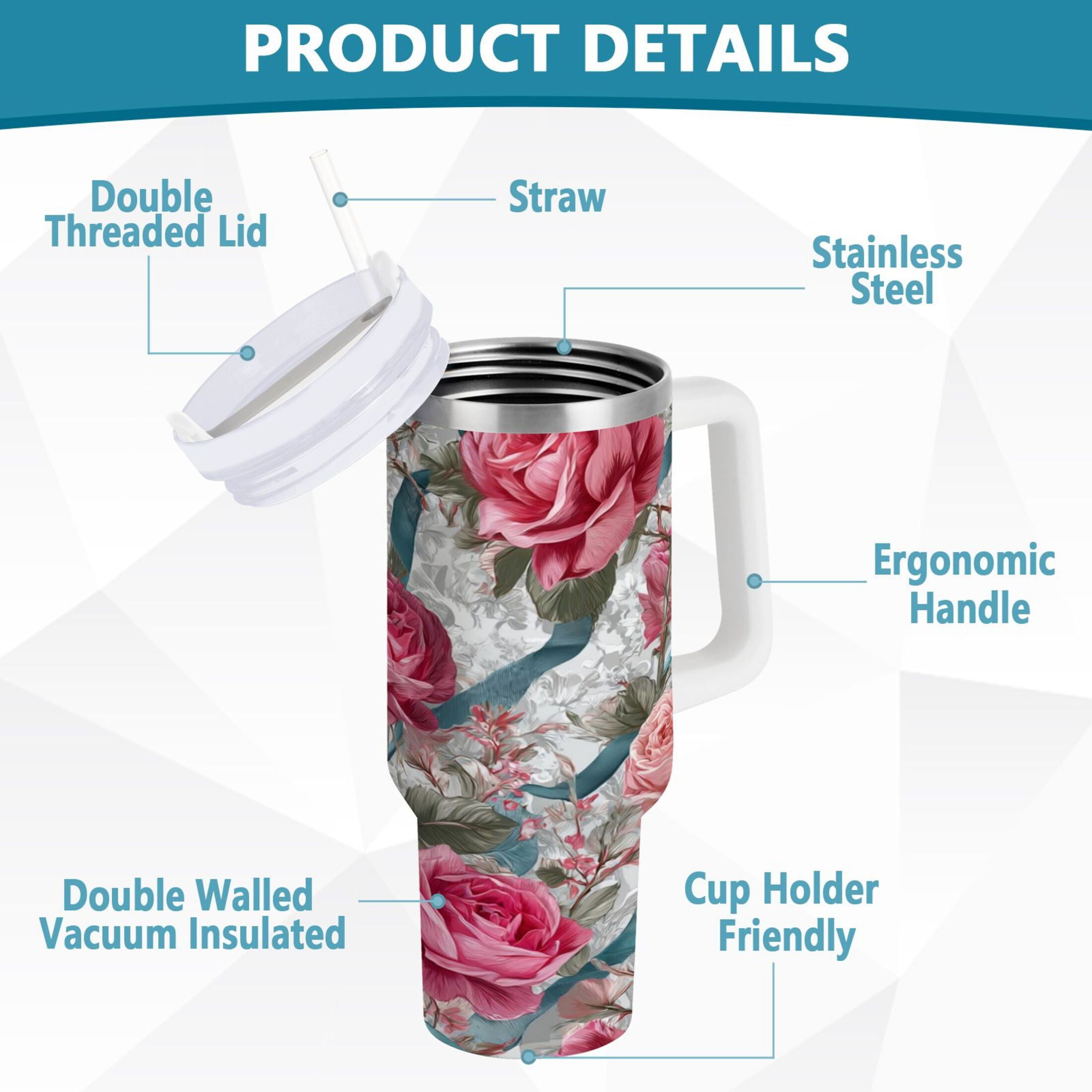 30 oz Insulated Stainless Steel Tumbler Double Wall Stainless Steel Tumbler with 2-Way Drinking Roses and Ribbons - 75RK