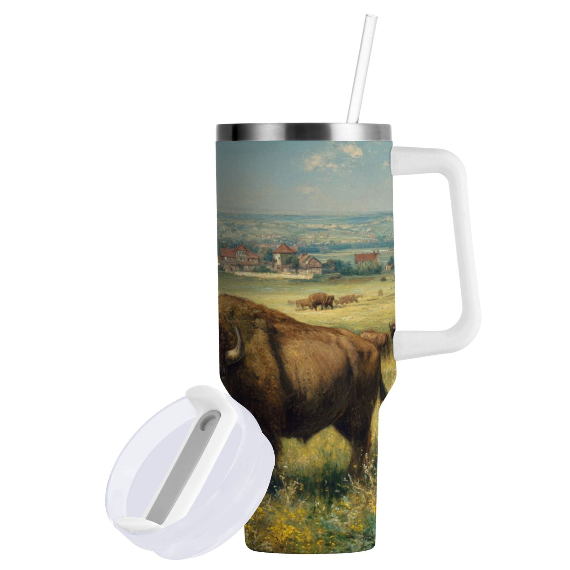30 oz Insulated Stainless Steel Tumbler Double Wall Stainless Steel Tumbler with 2-Way Drinking Buffalo Herd Oil Painting - 5334