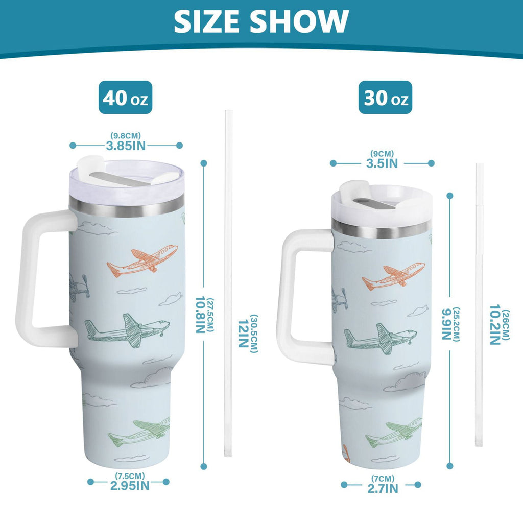 30 oz Insulated Stainless Steel Tumbler Double Wall Stainless Steel Tumbler with 2-Way Drinking Pastel Doodle Airplanes - LVQZ