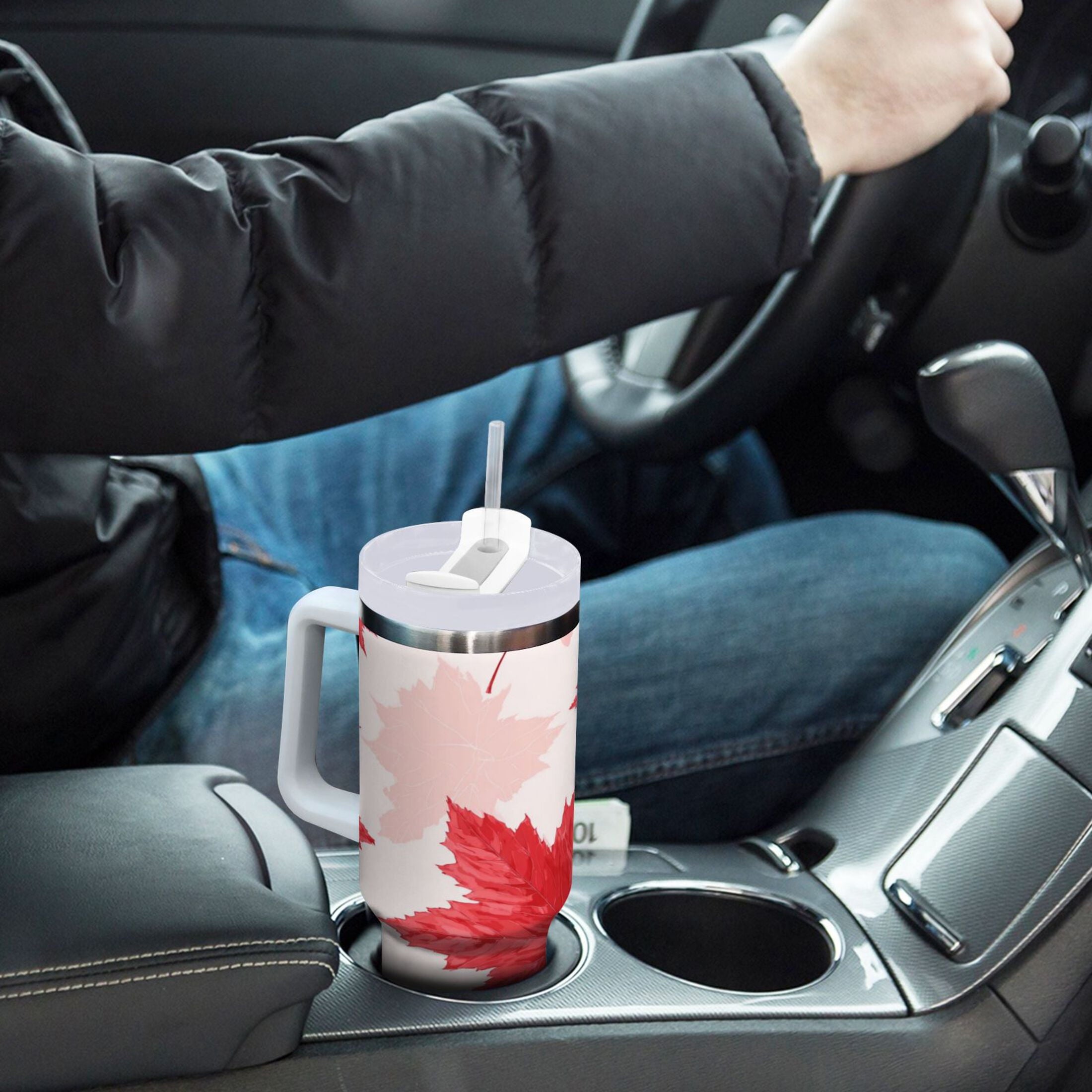 40 oz Insulated Stainless Steel Tumbler Double Wall Stainless Steel Tumbler with 2-Way Drinking Red Maple Leaves Pattern - C7HQ