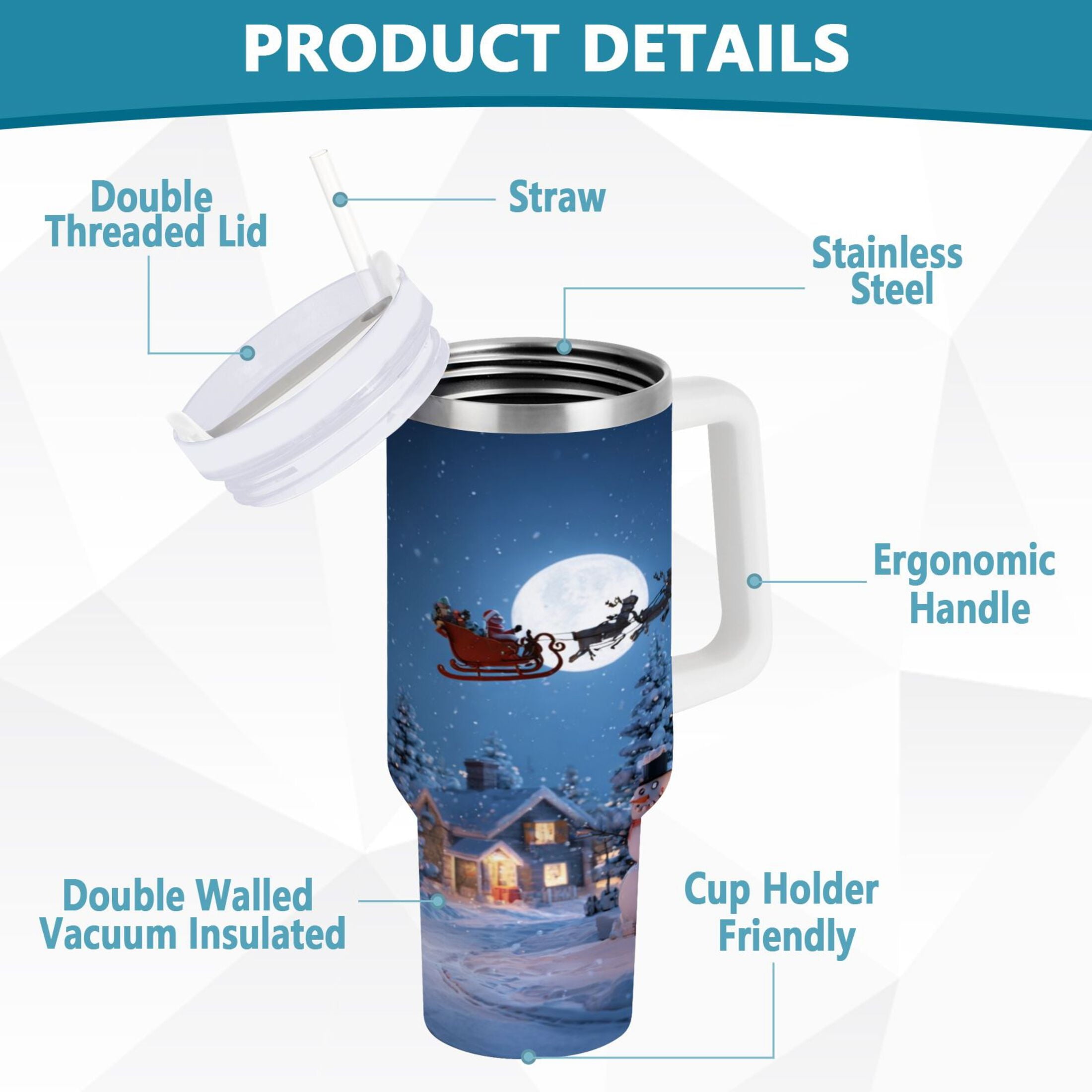 30 oz Insulated Stainless Steel Tumbler Double Wall Stainless Steel Tumbler with 2-Way Drinking Christmas Night Scene - DI8D