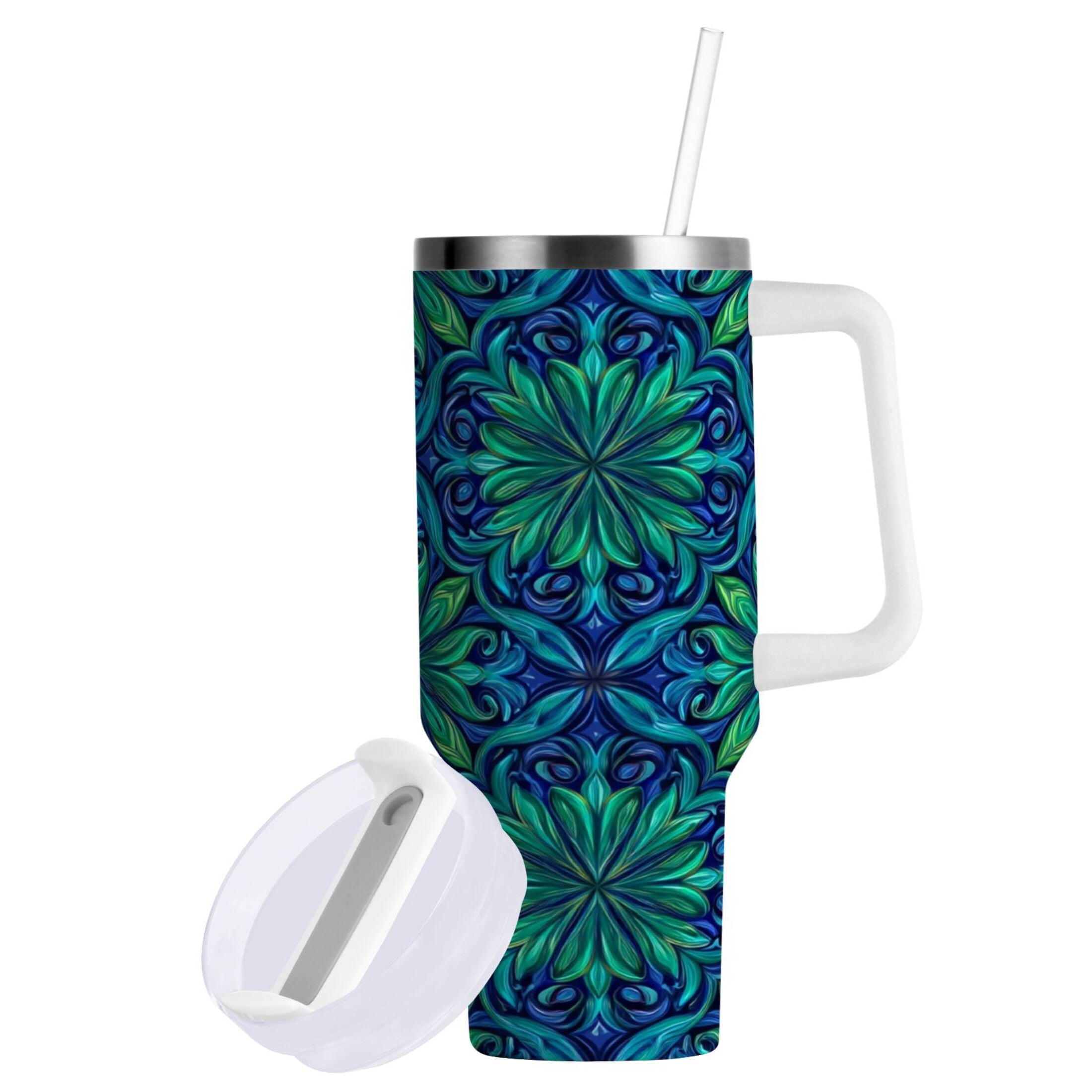40 oz Insulated Stainless Steel Tumbler Double Wall Stainless Steel Tumbler with 2-Way Drinking Elegant Blue Traditional Patterns - W90O