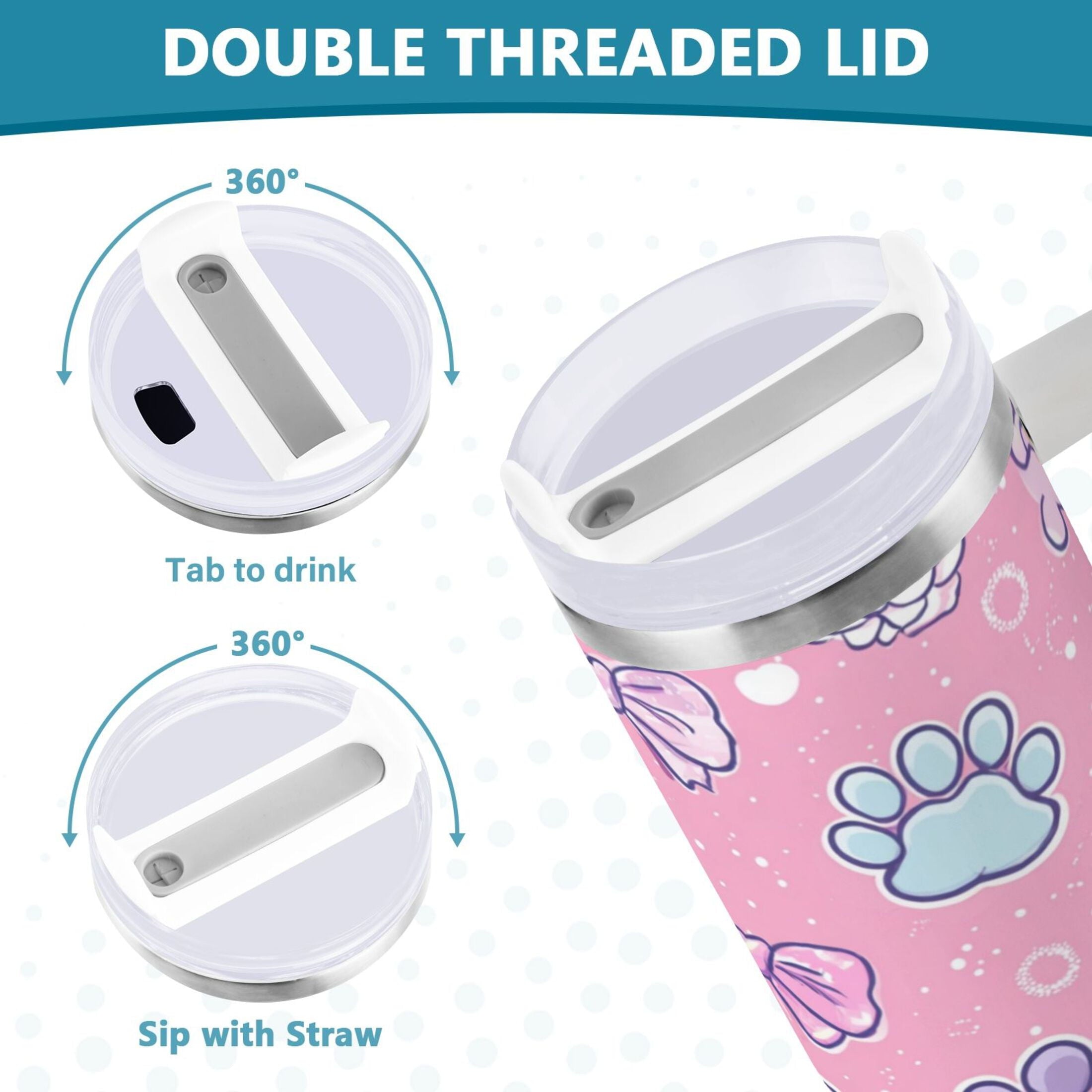 30 oz Insulated Stainless Steel Tumbler Double Wall Stainless Steel Tumbler with 2-Way Drinking Dog Paw Prints and Bows - QSKK