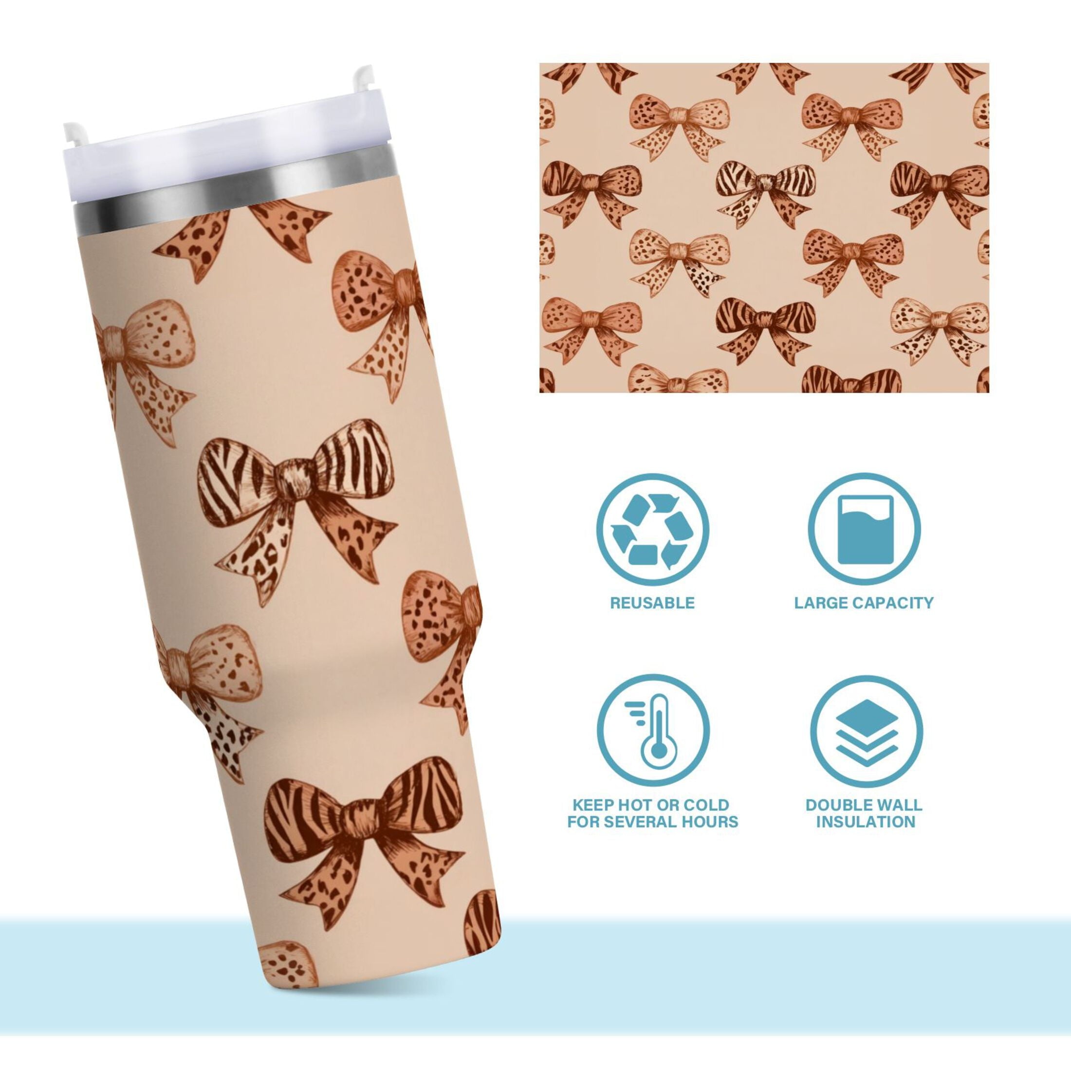 40 oz Insulated Stainless Steel Tumbler Double Wall Stainless Steel Tumbler with 2-Way Drinking Leopard Print Bow - TY71