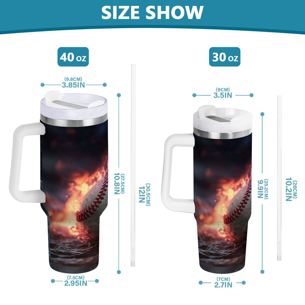 40 oz Insulated Stainless Steel Tumbler Double Wall Stainless Steel Tumbler with 2-Way Drinking Baseball with Water and Fire - 2KOP