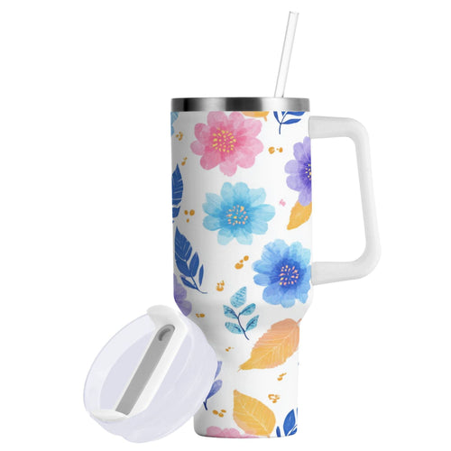30 oz Insulated Stainless Steel Tumbler Double Wall Stainless Steel Tumbler with 2-Way Drinking Blue and Purple Flowers - 1XFL