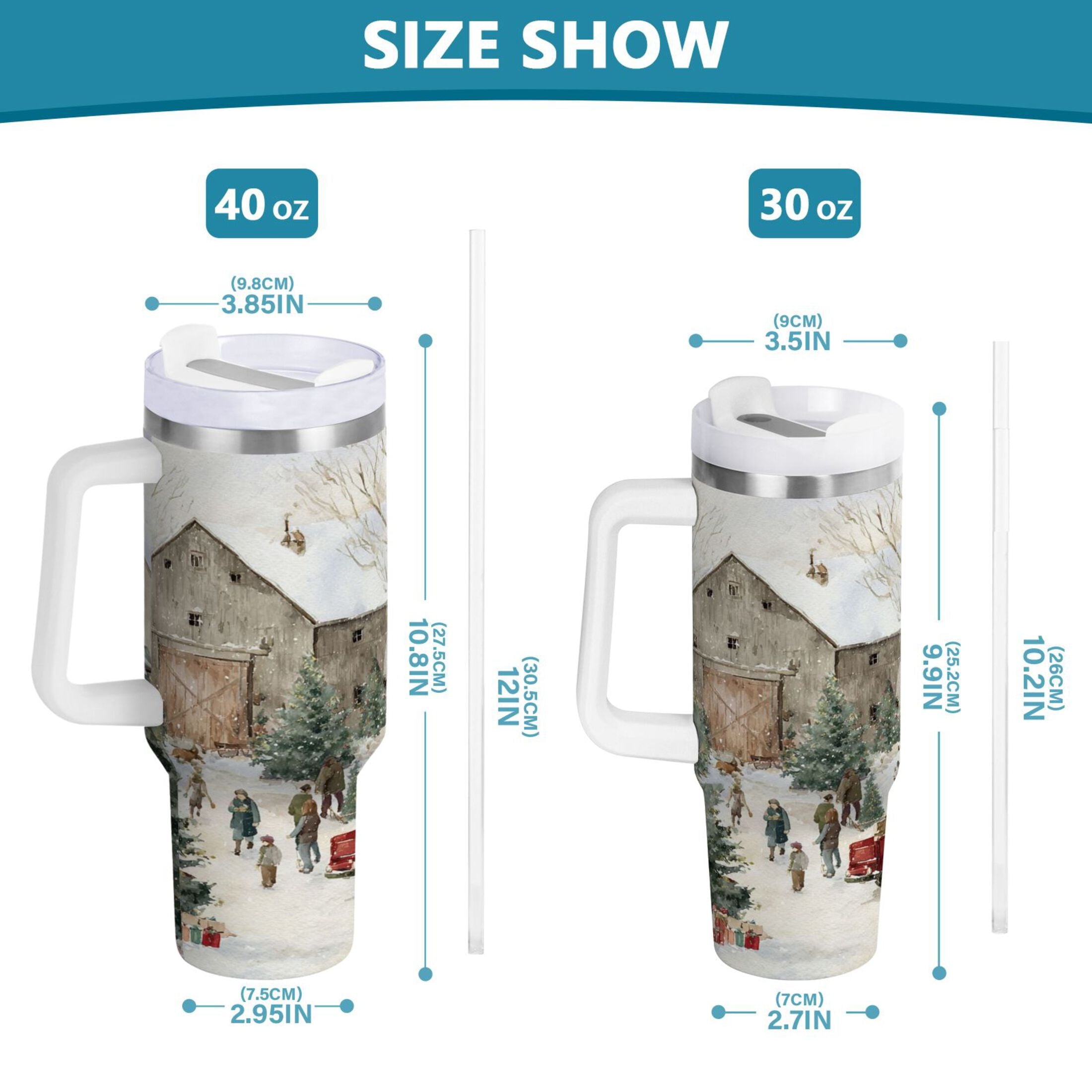 40 oz Insulated Stainless Steel Tumbler Double Wall Stainless Steel Tumbler with 2-Way Drinking Farm Snow Scene - M2B0