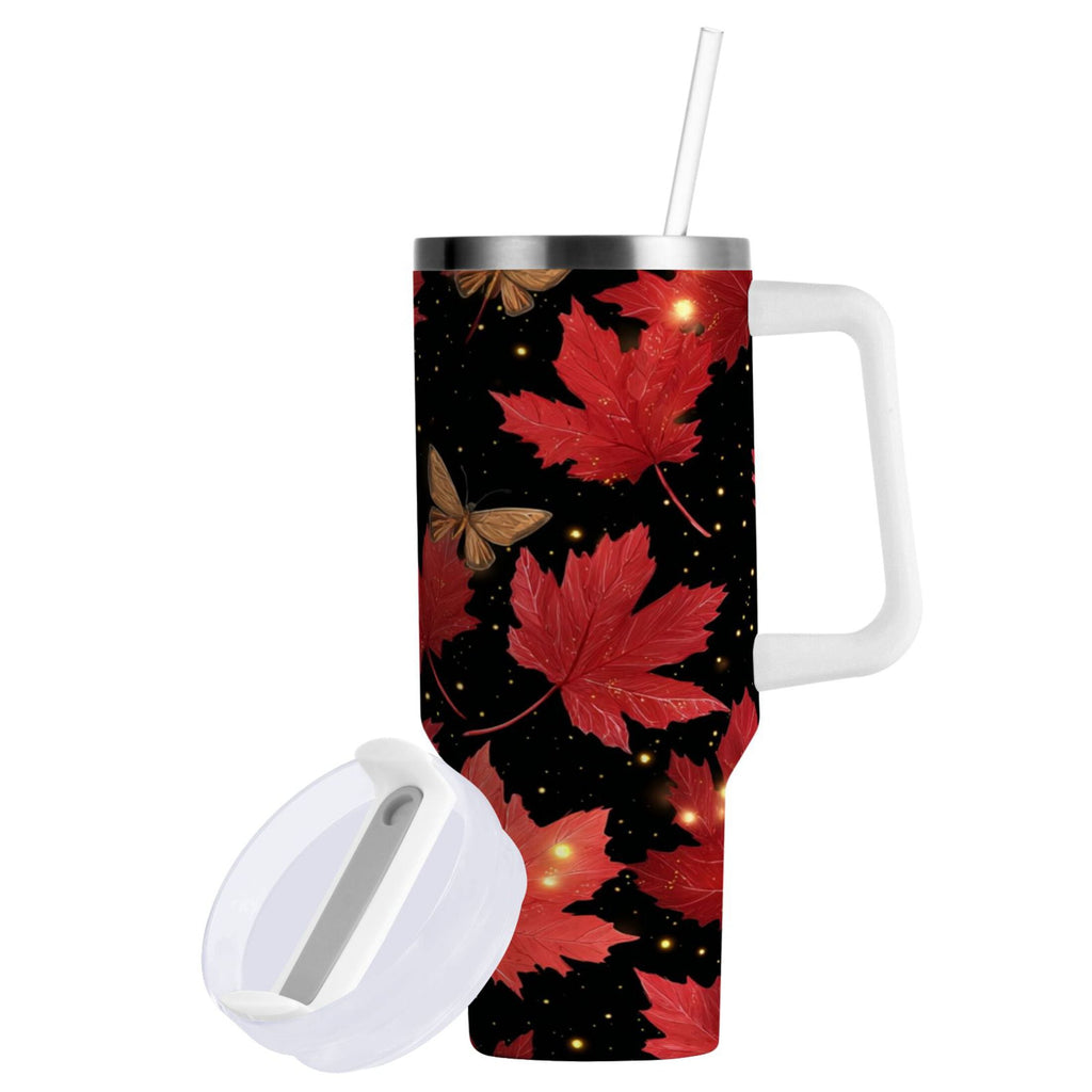 40 oz Insulated Stainless Steel Tumbler Double Wall Stainless Steel Tumbler with 2-Way Drinking Maple Leaves and Fireflies - QT9C