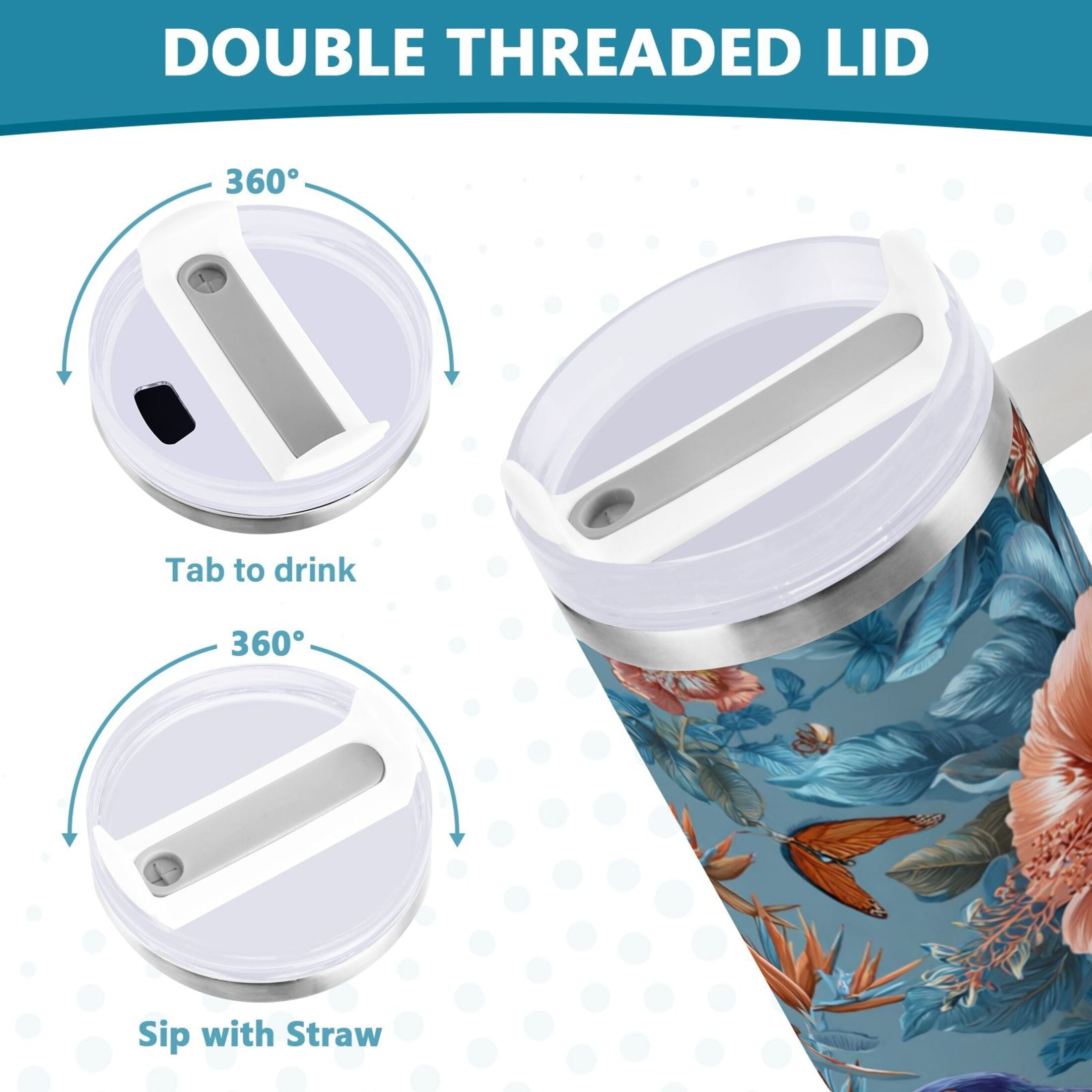 30 oz Insulated Stainless Steel Tumbler Double Wall Stainless Steel Tumbler with 2-Way Drinking Birds and Flowers - WTPG