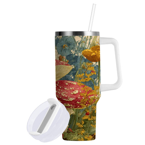 30 oz Insulated Stainless Steel Tumbler Double Wall Stainless Steel Tumbler with 2-Way Drinking Red Mushrooms with Flowers - HIUO
