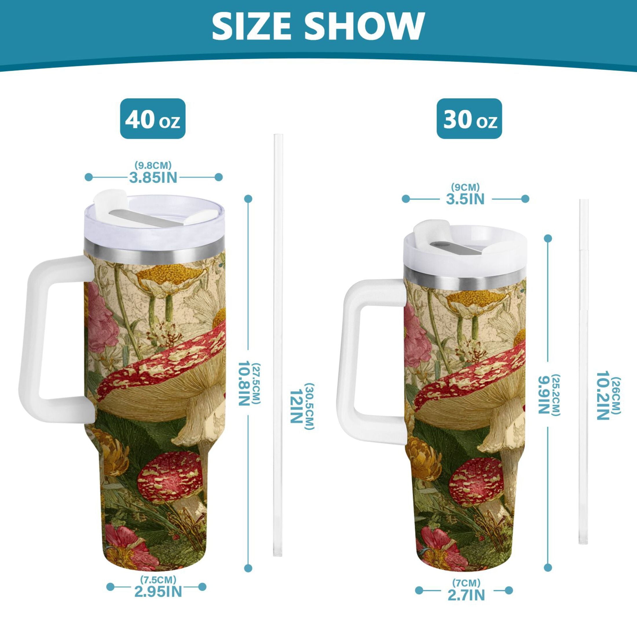 30 oz Insulated Stainless Steel Tumbler Double Wall Stainless Steel Tumbler with 2-Way Drinking Red Mushrooms with Flowers - HIUO