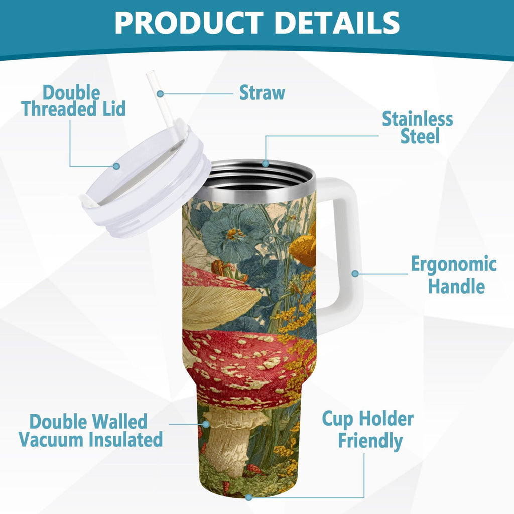 30 oz Insulated Stainless Steel Tumbler Double Wall Stainless Steel Tumbler with 2-Way Drinking Red Mushrooms with Flowers - HIUO