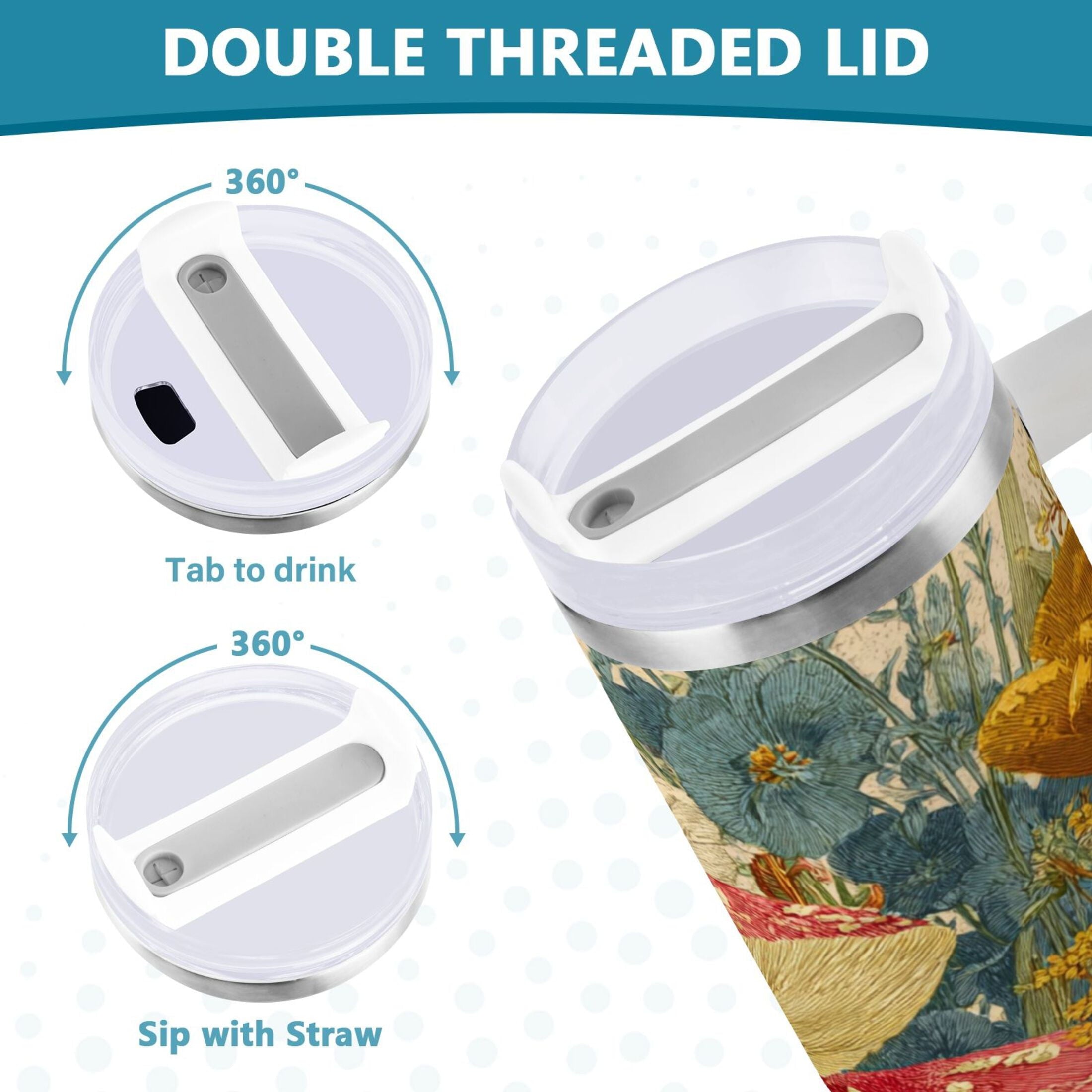 30 oz Insulated Stainless Steel Tumbler Double Wall Stainless Steel Tumbler with 2-Way Drinking Red Mushrooms with Flowers - HIUO