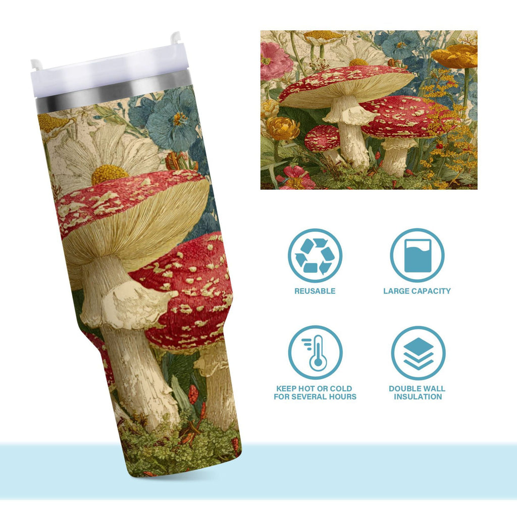 30 oz Insulated Stainless Steel Tumbler Double Wall Stainless Steel Tumbler with 2-Way Drinking Red Mushrooms with Flowers - HIUO