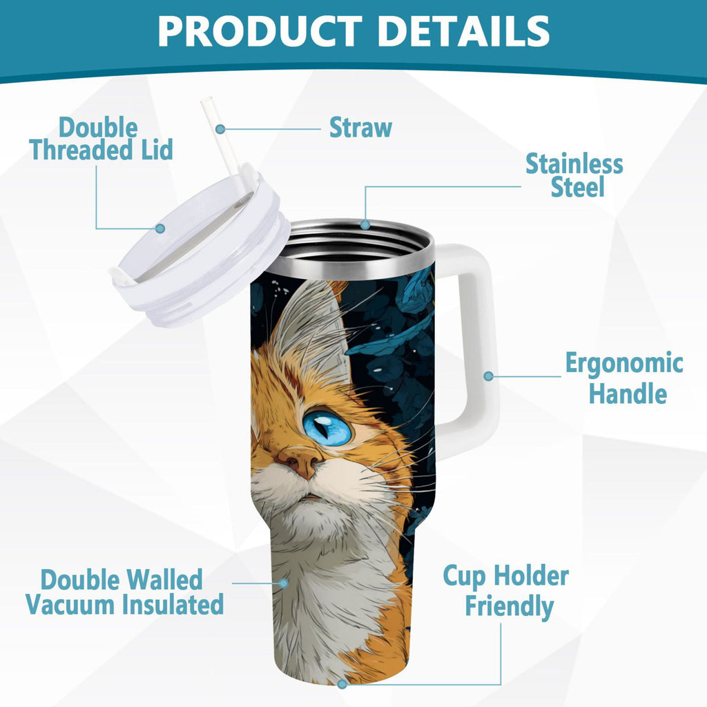 30 oz Insulated Stainless Steel Tumbler Double Wall Stainless Steel Tumbler with 2-Way Drinking Orange Cat with Blue Eyes - PSJO