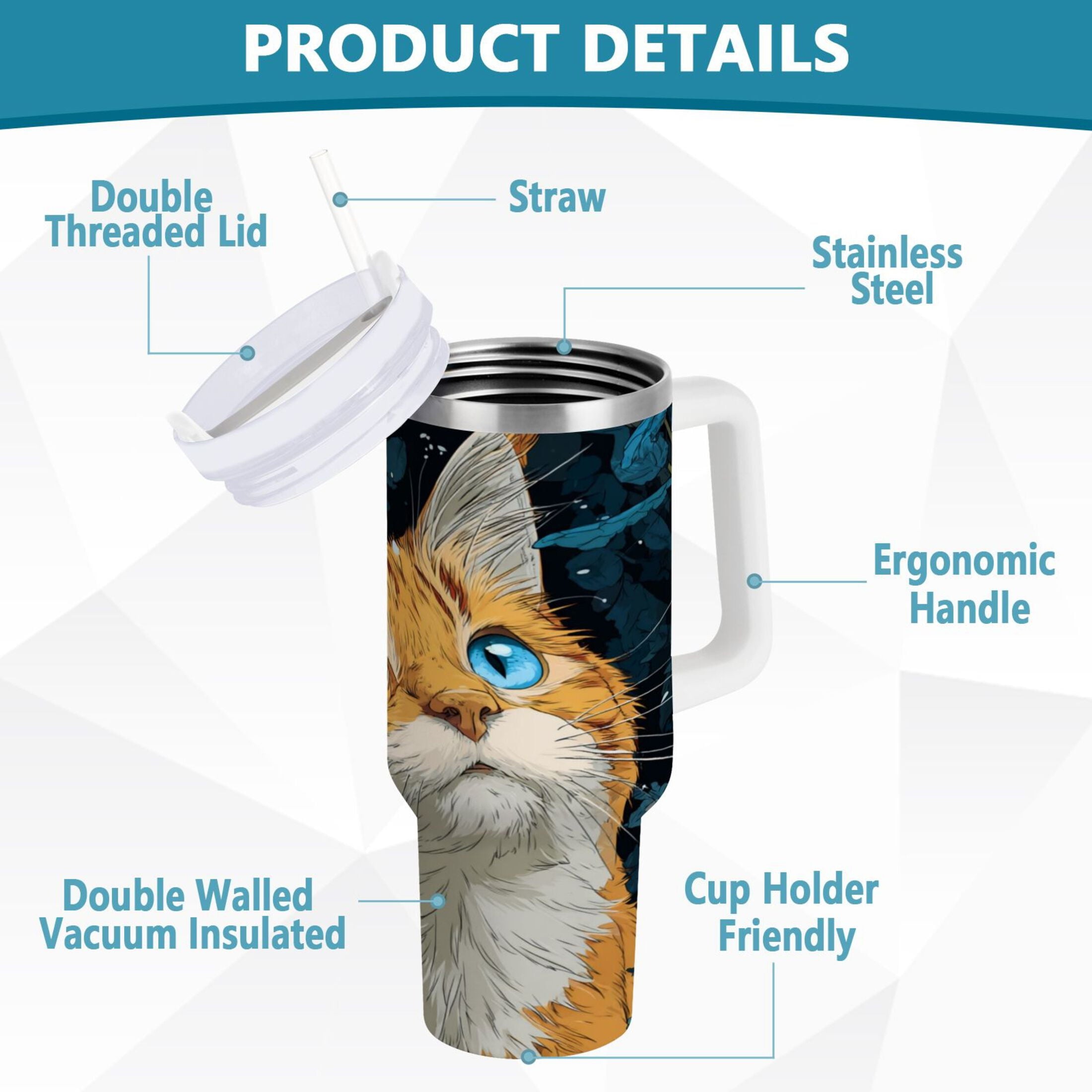30 oz Insulated Stainless Steel Tumbler Double Wall Stainless Steel Tumbler with 2-Way Drinking Orange Cat with Blue Eyes - PSJO
