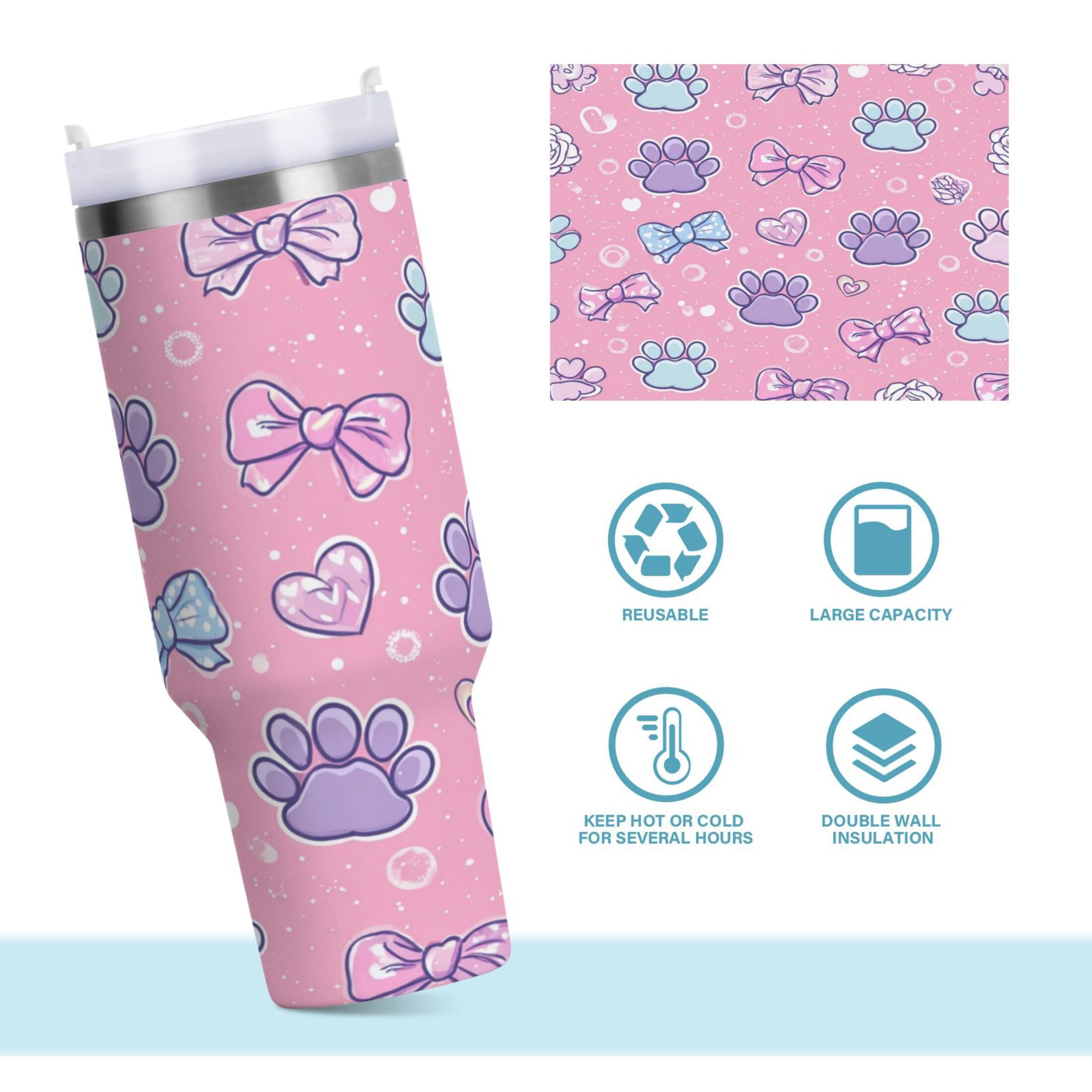30 oz Insulated Stainless Steel Tumbler Double Wall Stainless Steel Tumbler with 2-Way Drinking Dog Paw Prints and Bows - QSKK
