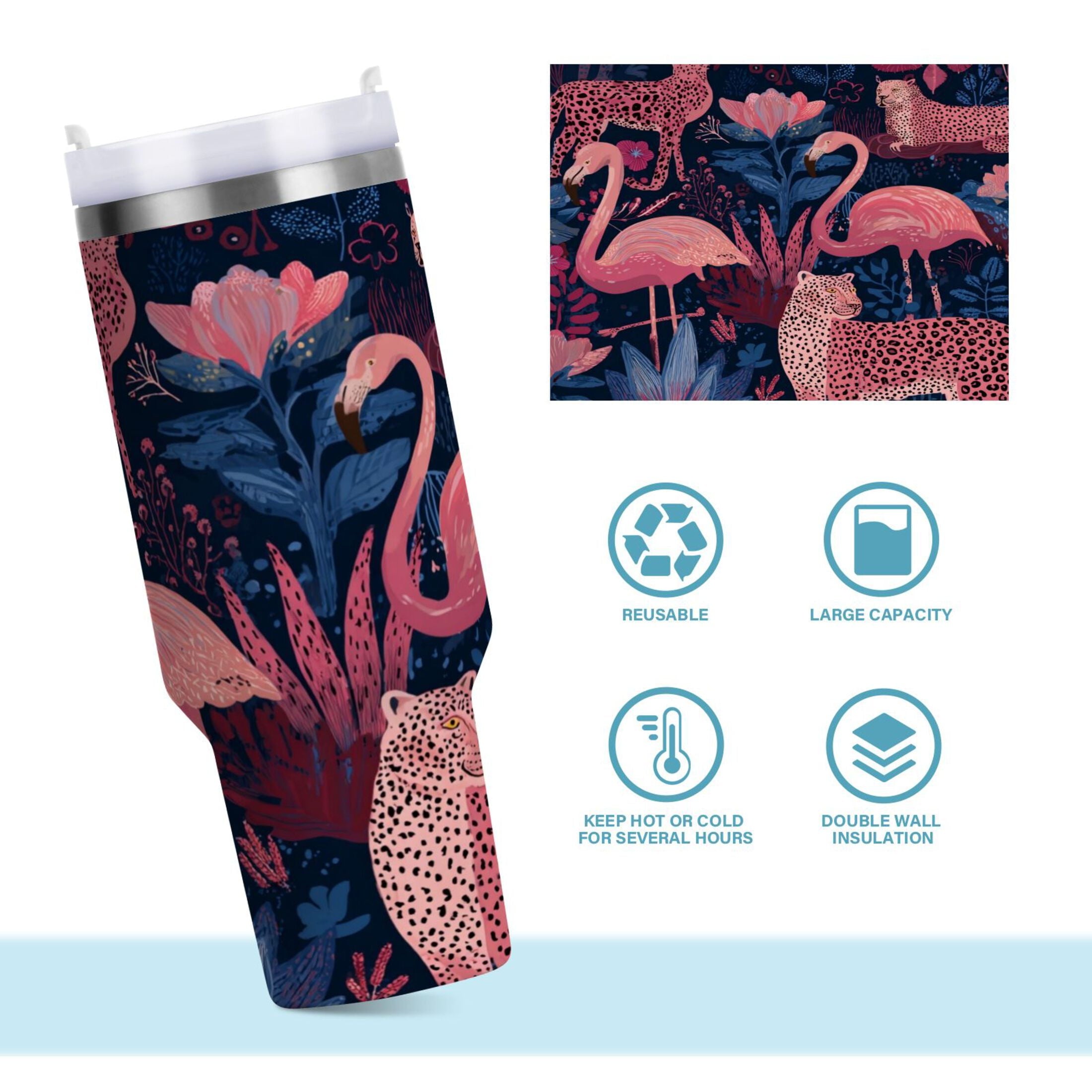 30 oz Insulated Stainless Steel Tumbler Double Wall Stainless Steel Tumbler with 2-Way Drinking Flamingos and Leopard Print - R10E