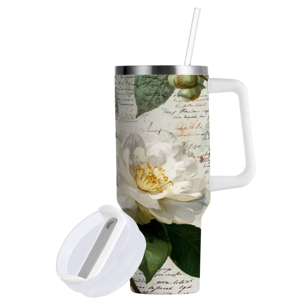 40 oz Insulated Stainless Steel Tumbler Double Wall Stainless Steel Tumbler with 2-Way Drinking Vintage White Camellias - ULA6