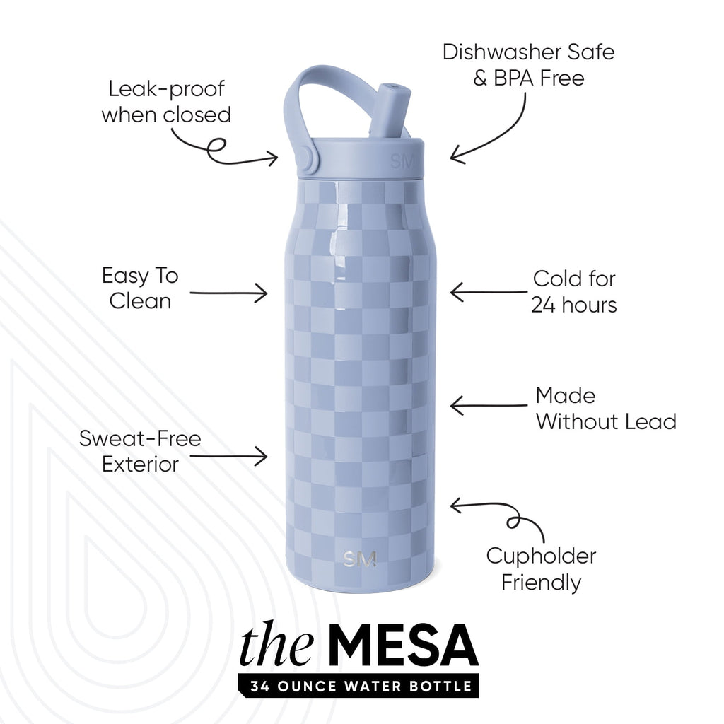 Simple Modern 34 fl oz Insulated Stainless Steel Mesa Wide Mouth Water Bottle with Handle and Push Button Straw Lid | Mystifying Blue Checkmate - QK5M
