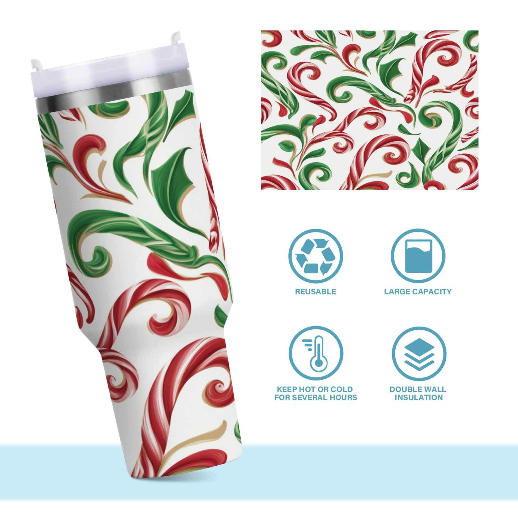 40 oz Insulated Stainless Steel Tumbler Double Wall Stainless Steel Tumbler with 2-Way Drinking Red and Green Candy-cane - BT0E