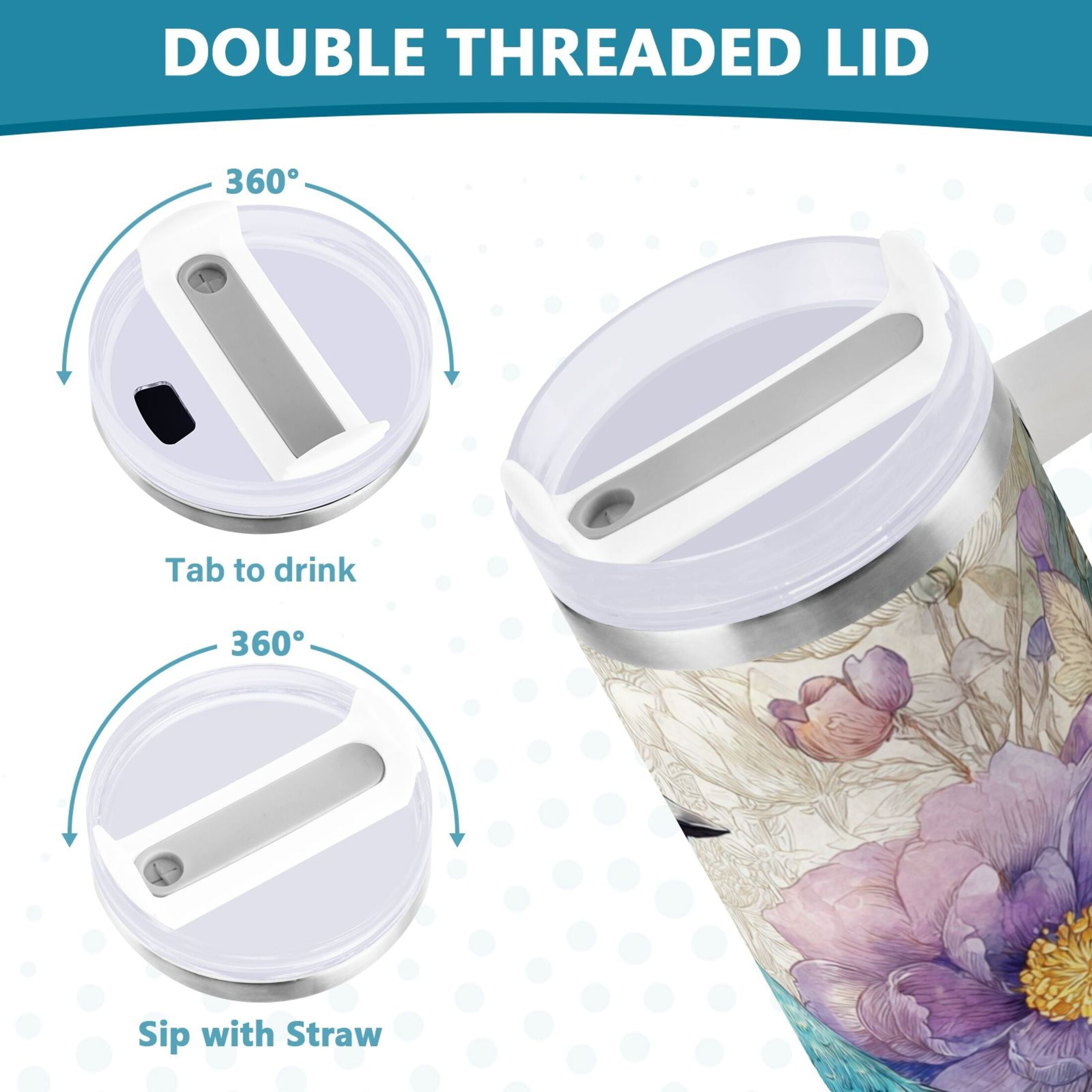 30 oz Insulated Stainless Steel Tumbler Double Wall Stainless Steel Tumbler with 2-Way Drinking Bluebird and Flower - NPKB