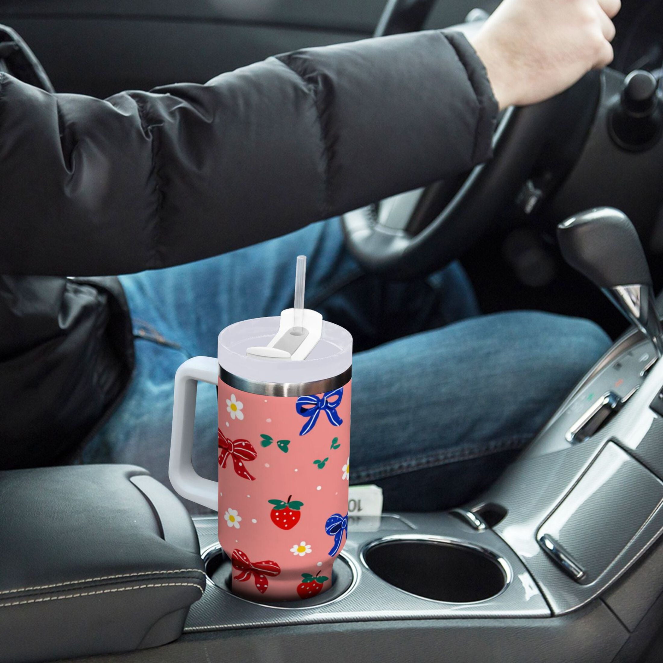 40 oz Insulated Stainless Steel Tumbler Double Wall Stainless Steel Tumbler with 2-Way Drinking Bows and Strawberries Pattern - 4YTT