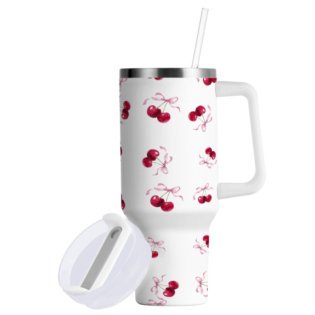 30 oz Insulated Stainless Steel Tumbler Double Wall Stainless Steel Tumbler with 2-Way Drinking Watercolor Cherries Pattern - M0EV