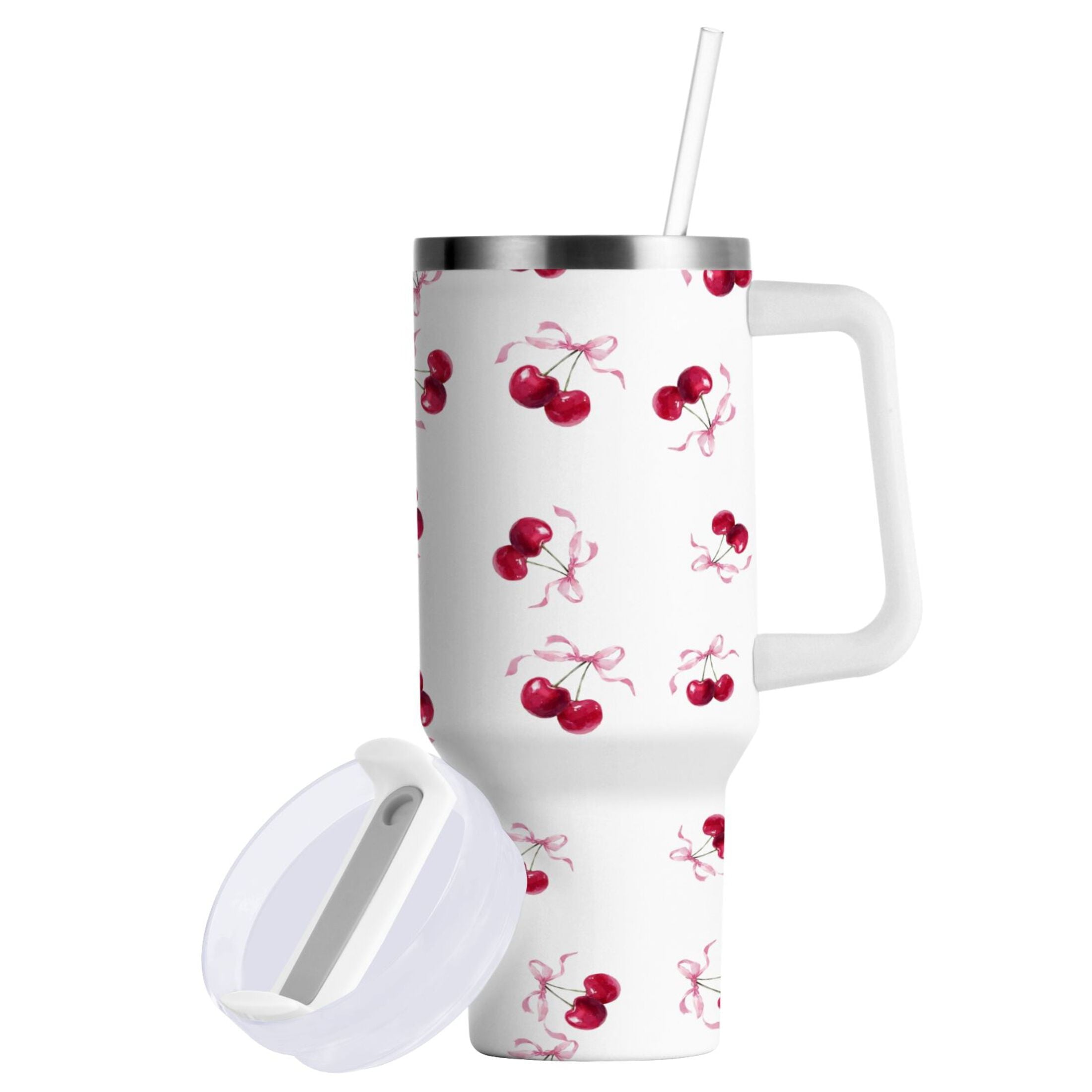 30 oz Insulated Stainless Steel Tumbler Double Wall Stainless Steel Tumbler with 2-Way Drinking Watercolor Cherries Pattern - M0EV