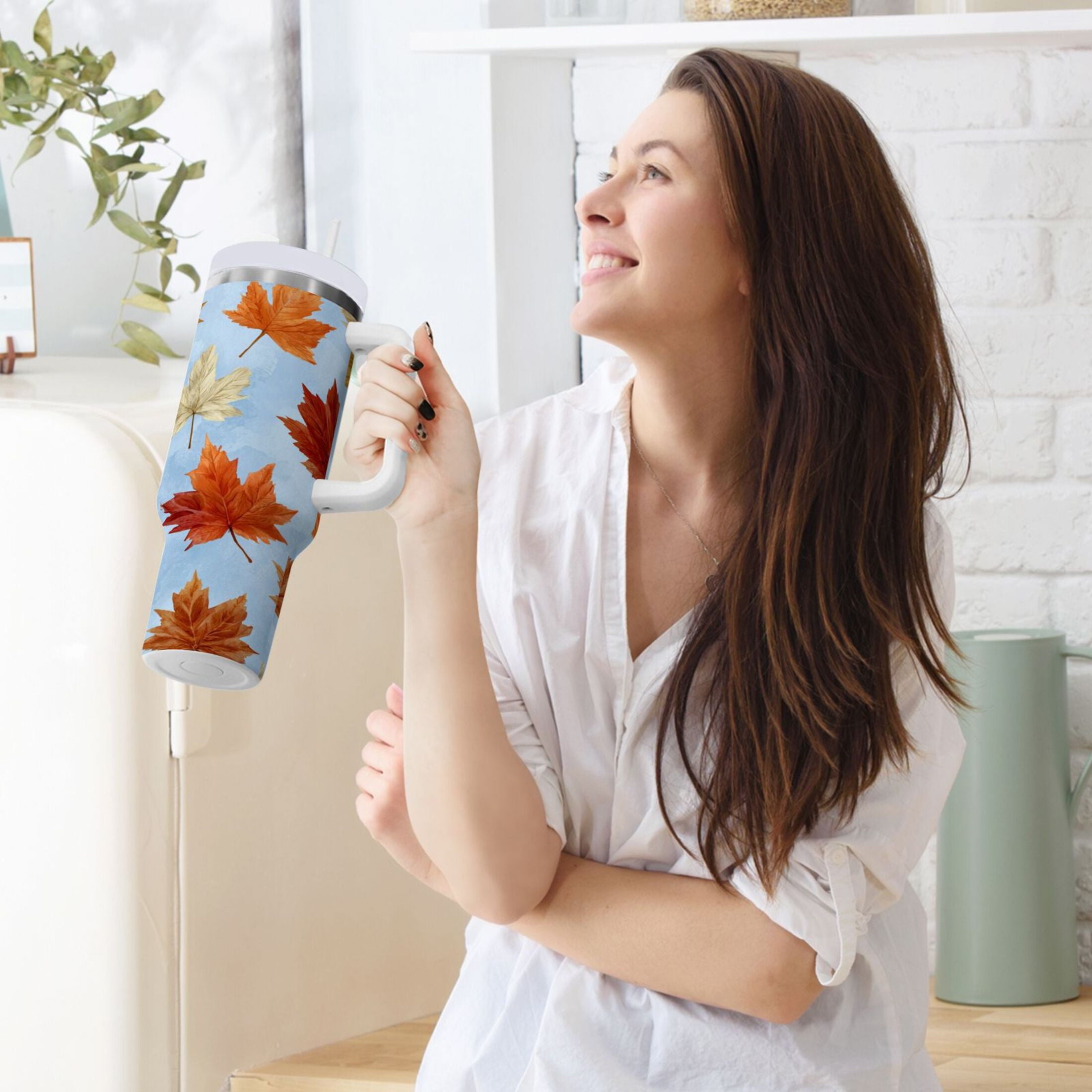 30 oz Insulated Stainless Steel Tumbler Double Wall Stainless Steel Tumbler with 2-Way Drinking Autumn Maple Leaves - SU3H