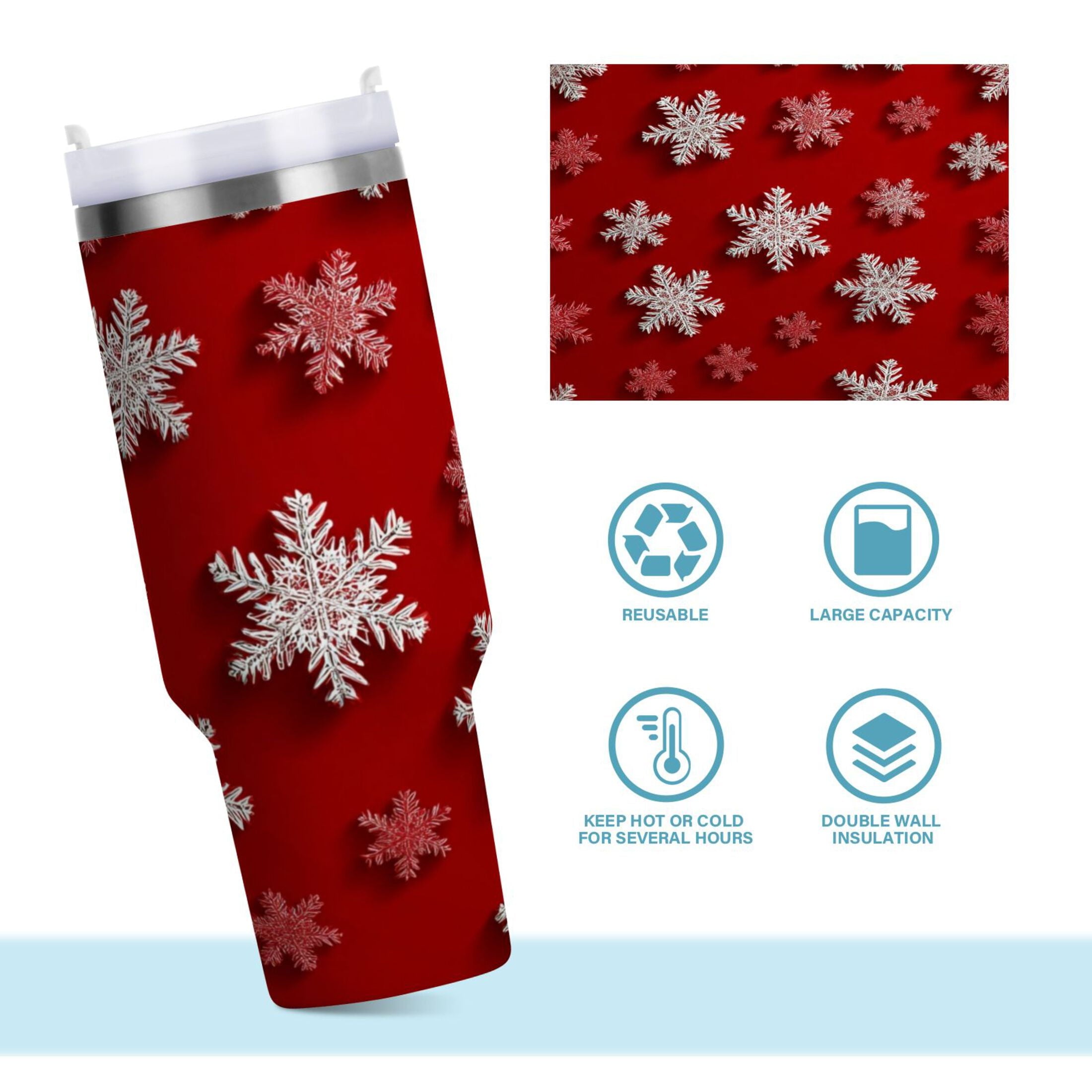 30 oz Insulated Stainless Steel Tumbler Double Wall Stainless Steel Tumbler with 2-Way Drinking Red and White Snowflakes - 1MF9