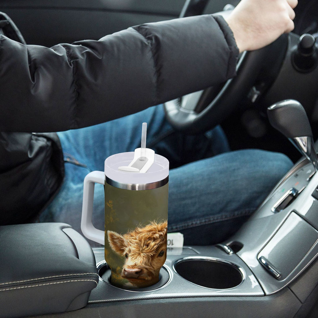 40 oz Insulated Stainless Steel Tumbler Double Wall Stainless Steel Tumbler with 2-Way Drinking Cow Lying in Sunflowers - R1KL