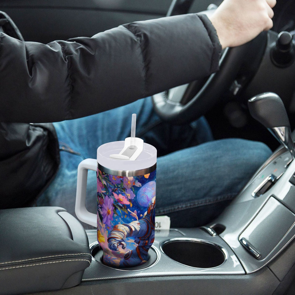 40 oz Insulated Stainless Steel Tumbler Double Wall Stainless Steel Tumbler with 2-Way Drinking Astronaut and Colorful Flowers - AYMO