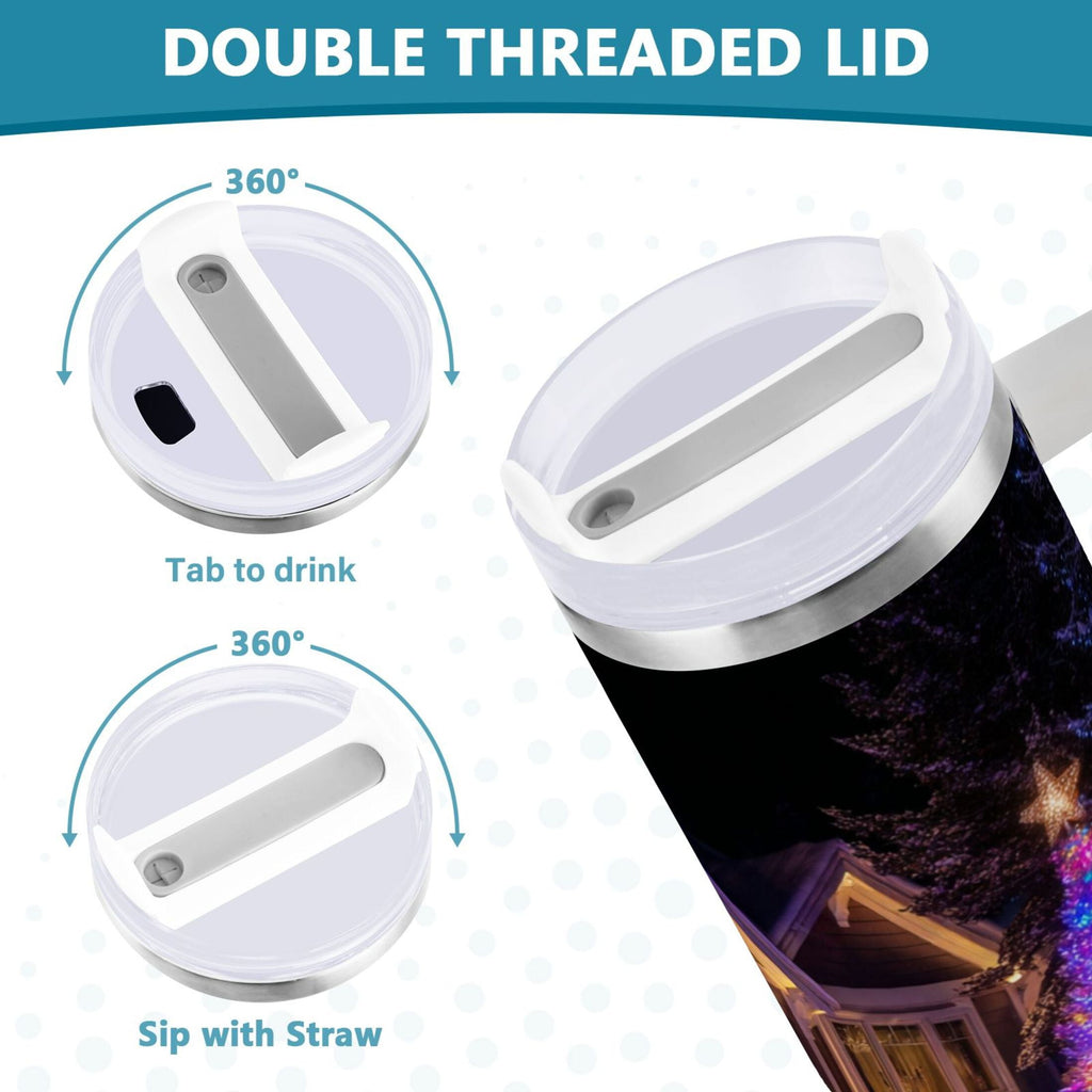 40 oz Insulated Stainless Steel Tumbler Double Wall Stainless Steel Tumbler with 2-Way Drinking Christmas Trees with Lights - EWR7