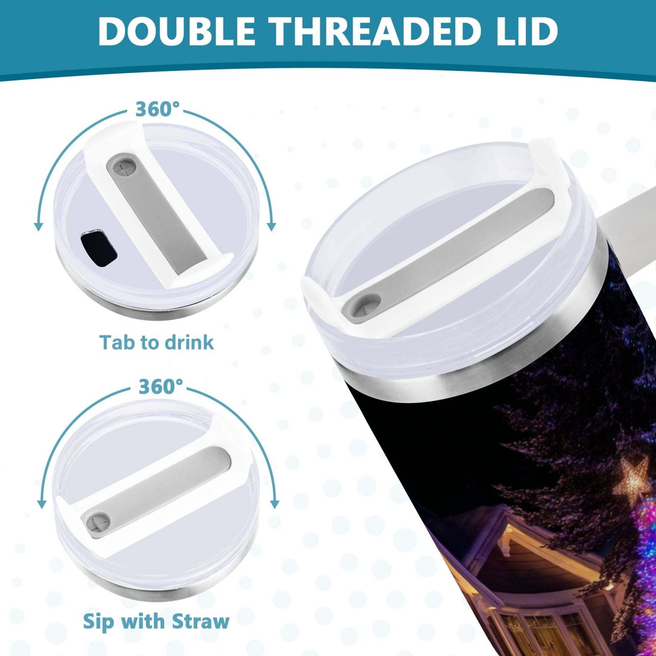 40 oz Insulated Stainless Steel Tumbler Double Wall Stainless Steel Tumbler with 2-Way Drinking Christmas Trees with Lights - EWR7
