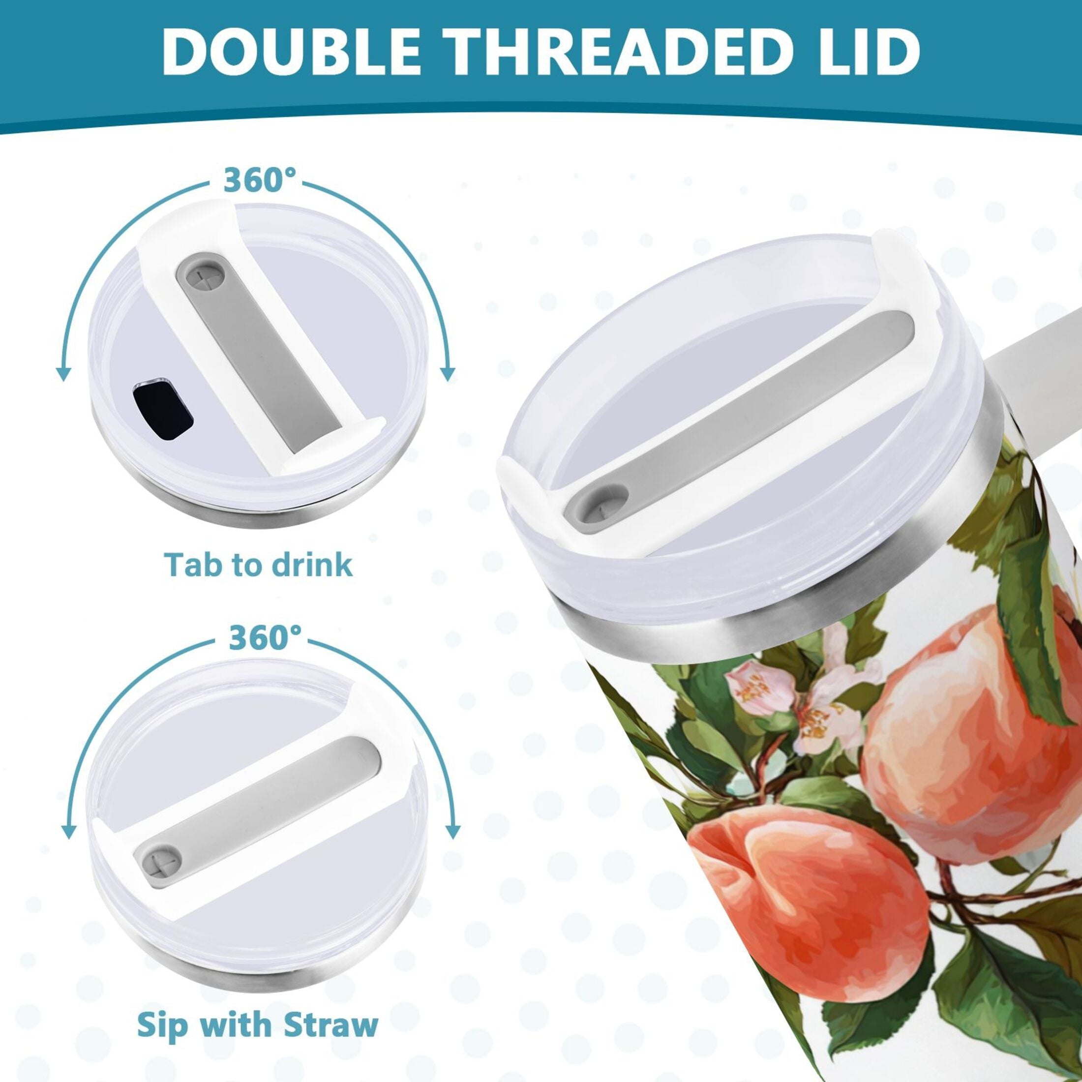 30 oz Insulated Stainless Steel Tumbler Double Wall Stainless Steel Tumbler with 2-Way Drinking Peach Fruit Pattern - ZPM5