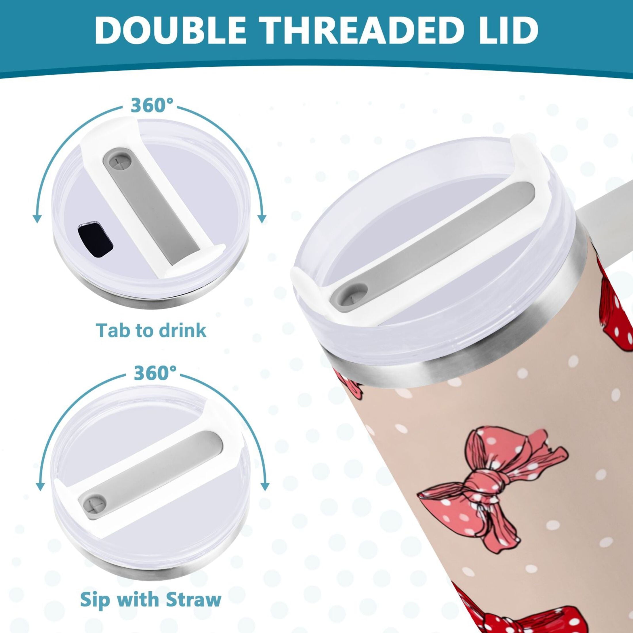 30 oz Insulated Stainless Steel Tumbler Double Wall Stainless Steel Tumbler with 2-Way Drinking Cute Red Bows Pattern - 070H