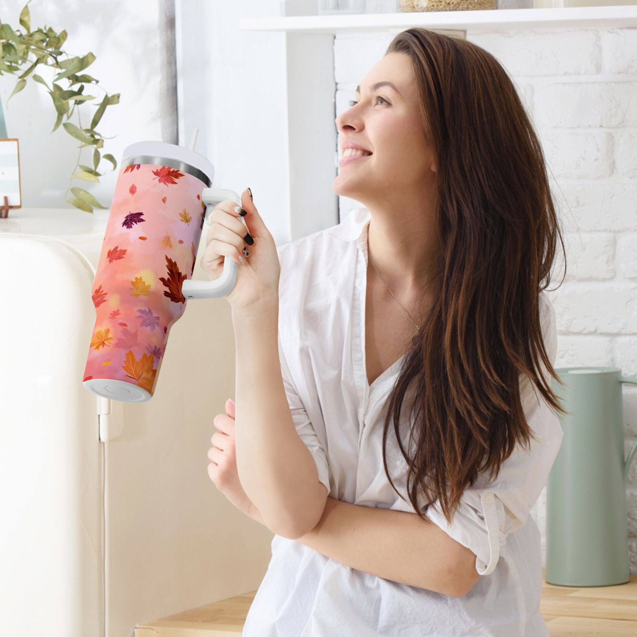 30 oz Insulated Stainless Steel Tumbler Double Wall Stainless Steel Tumbler with 2-Way Drinking Autumn Leaves Falling - 1DYW