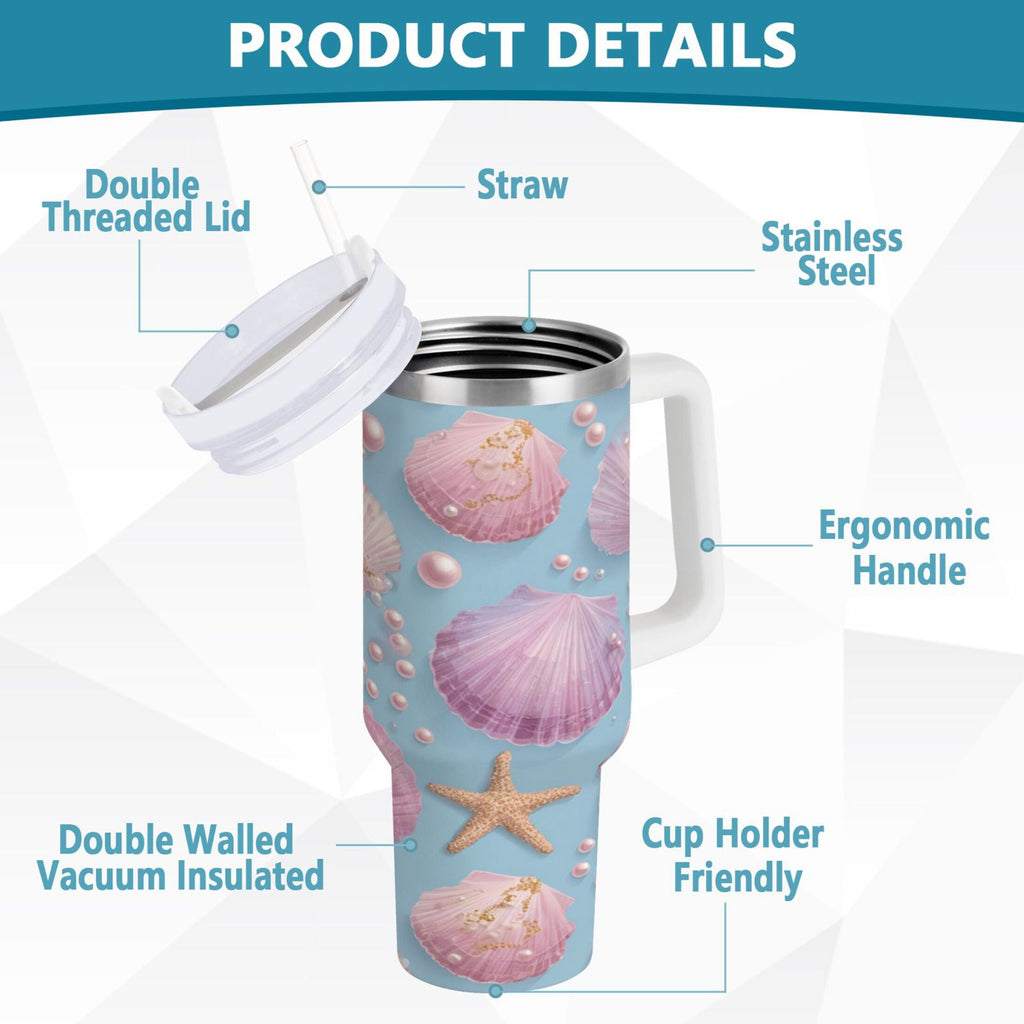 40 oz Insulated Stainless Steel Tumbler Double Wall Stainless Steel Tumbler with 2-Way Drinking Seashells and Pearls Pattern - XY5S