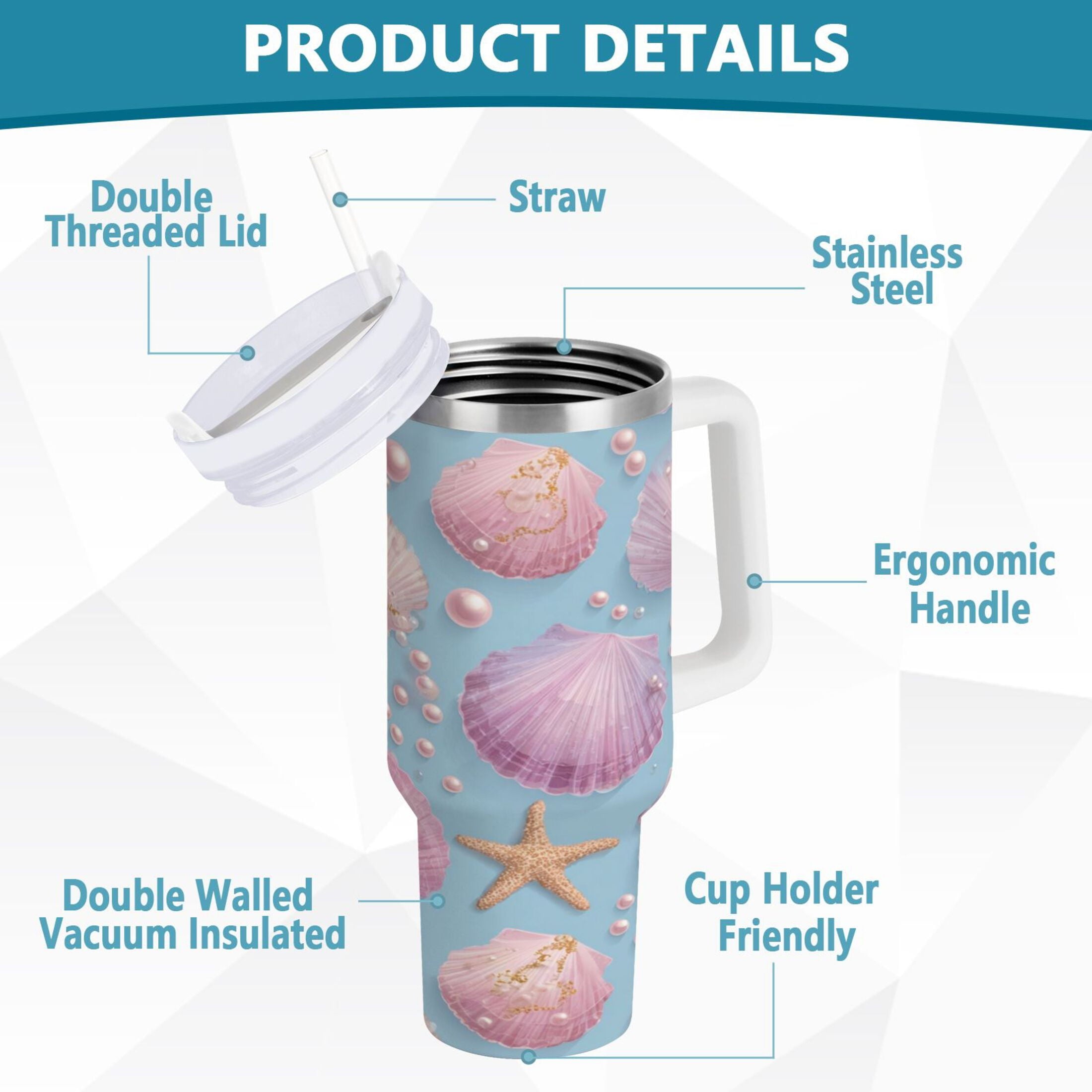 40 oz Insulated Stainless Steel Tumbler Double Wall Stainless Steel Tumbler with 2-Way Drinking Seashells and Pearls Pattern - XY5S