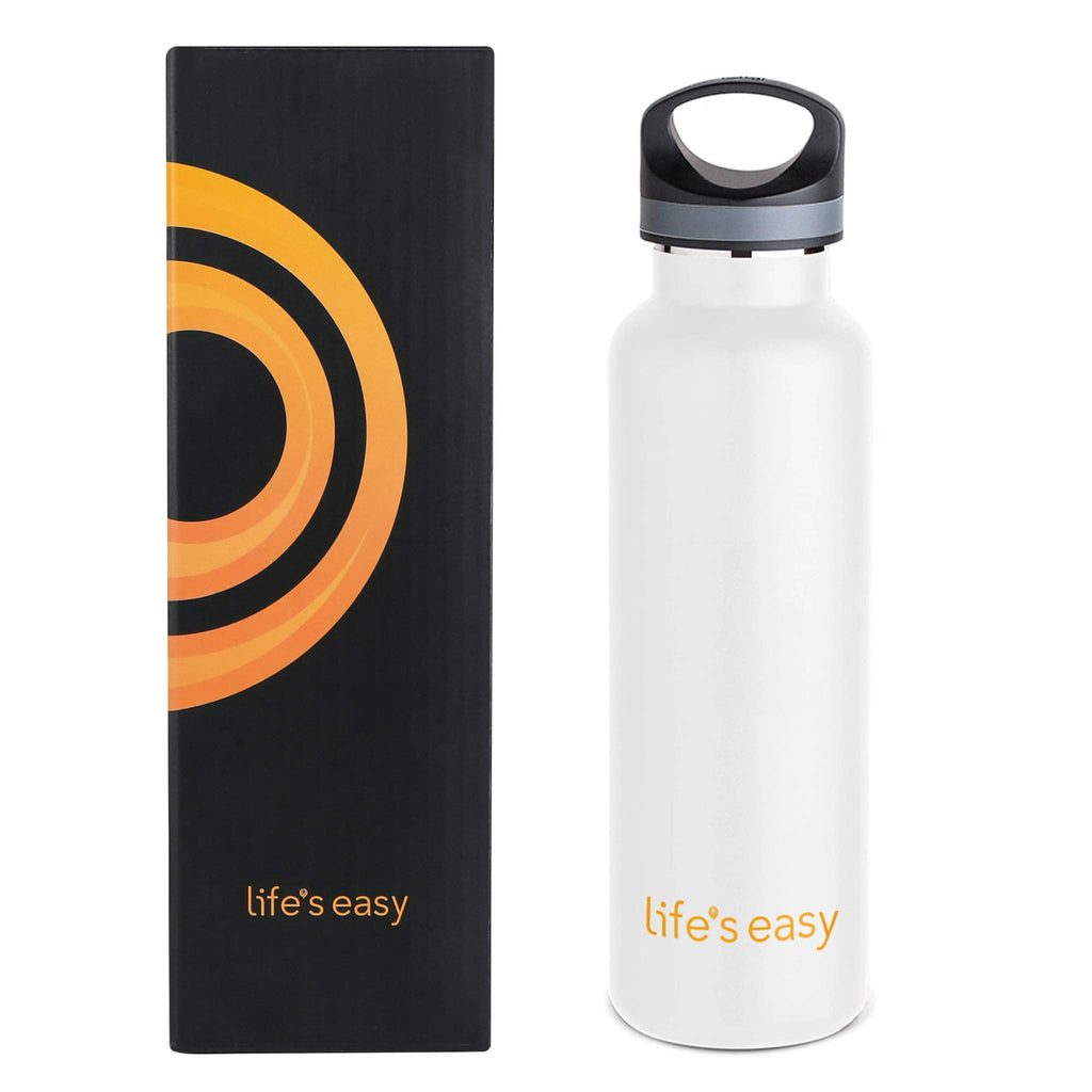 LIFE'S EASY 20 oz. Sports Insulated Water Bottle with Lid. Stainless Steel Vacuum Double Wall Thermo for Modern Hot and Cold Drinks, Simple Metal Hydro Canteen for Travel Men and Women (White) - BSX7