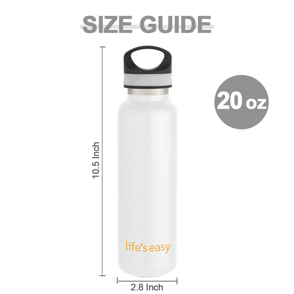 LIFE'S EASY 20 oz. Sports Insulated Water Bottle with Lid. Stainless Steel Vacuum Double Wall Thermo for Modern Hot and Cold Drinks, Simple Metal Hydro Canteen for Travel Men and Women (White) - BSX7