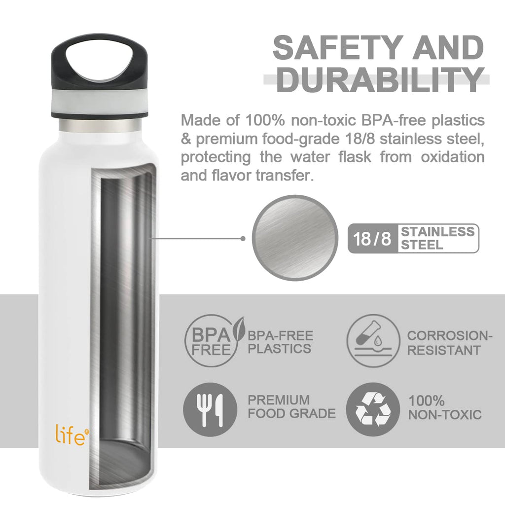 LIFE'S EASY 20 oz. Sports Insulated Water Bottle with Lid. Stainless Steel Vacuum Double Wall Thermo for Modern Hot and Cold Drinks, Simple Metal Hydro Canteen for Travel Men and Women (White) - BSX7