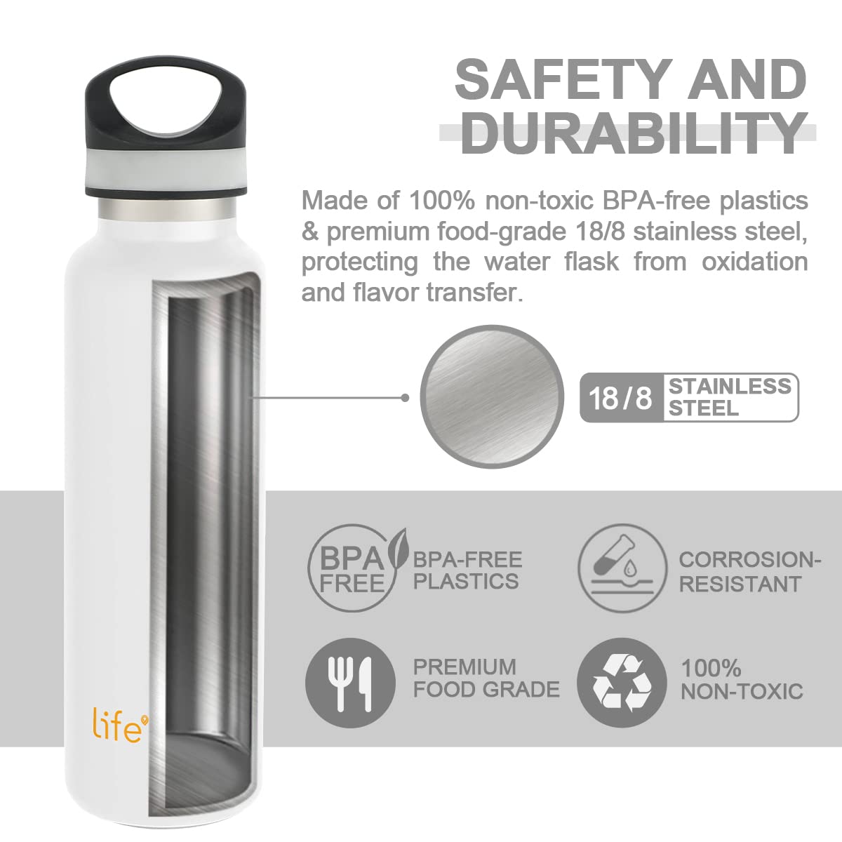 LIFE'S EASY 20 oz. Sports Insulated Water Bottle with Lid. Stainless Steel Vacuum Double Wall Thermo for Modern Hot and Cold Drinks, Simple Metal Hydro Canteen for Travel Men and Women (White) - BSX7
