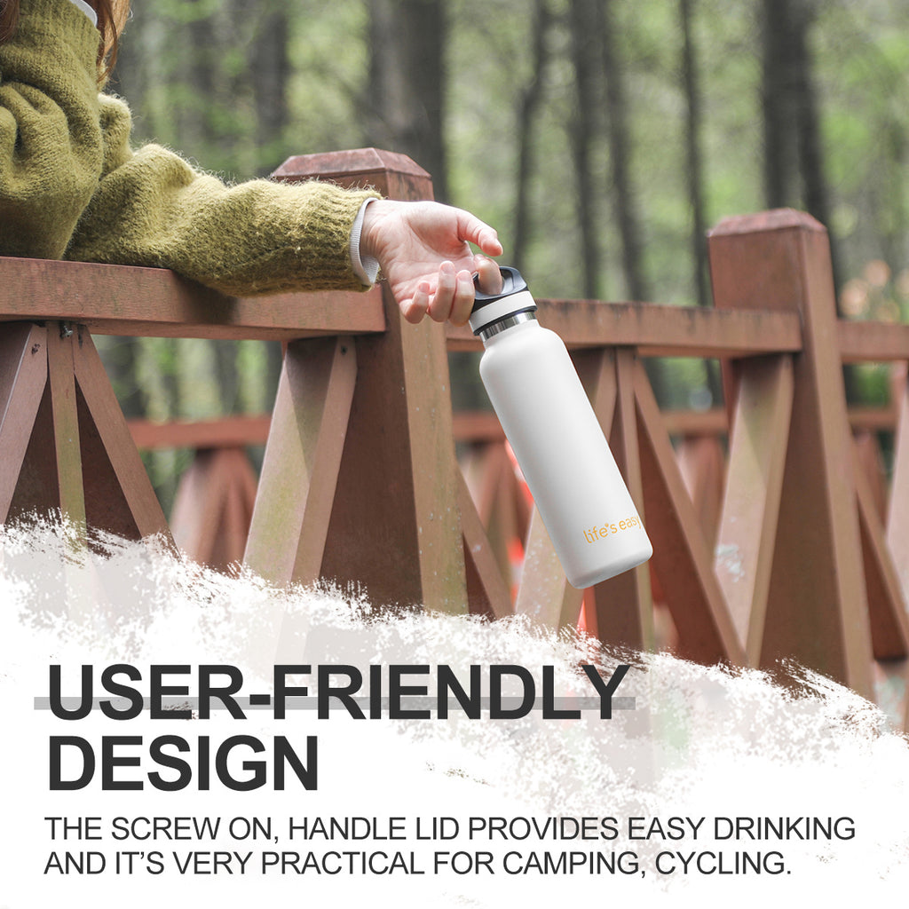 LIFE'S EASY 20 oz. Sports Insulated Water Bottle with Lid. Stainless Steel Vacuum Double Wall Thermo for Modern Hot and Cold Drinks, Simple Metal Hydro Canteen for Travel Men and Women (White) - BSX7