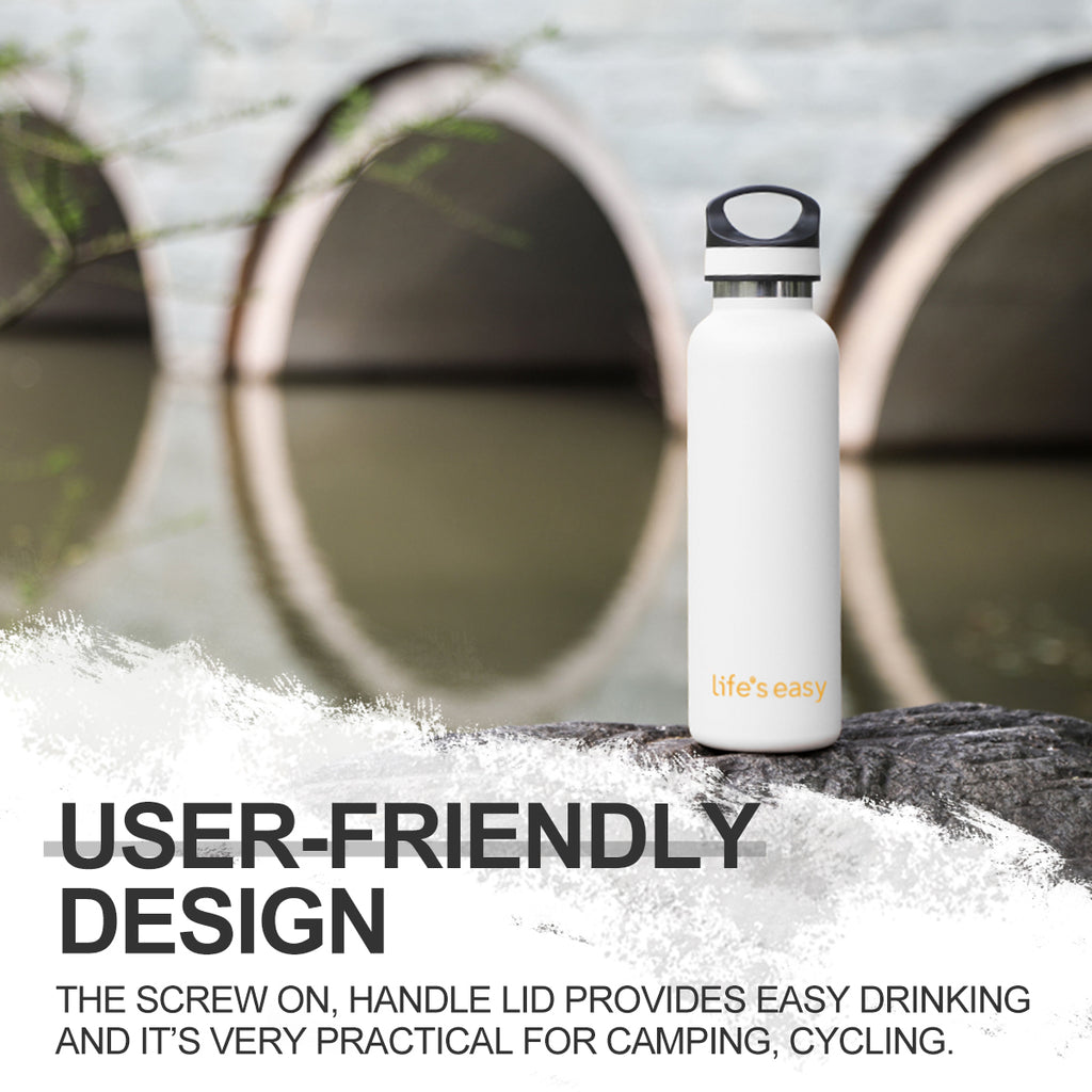 LIFE'S EASY 20 oz. Sports Insulated Water Bottle with Lid. Stainless Steel Vacuum Double Wall Thermo for Modern Hot and Cold Drinks, Simple Metal Hydro Canteen for Travel Men and Women (White) - BSX7