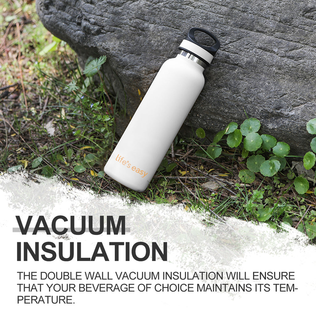LIFE'S EASY 20 oz. Sports Insulated Water Bottle with Lid. Stainless Steel Vacuum Double Wall Thermo for Modern Hot and Cold Drinks, Simple Metal Hydro Canteen for Travel Men and Women (White) - BSX7