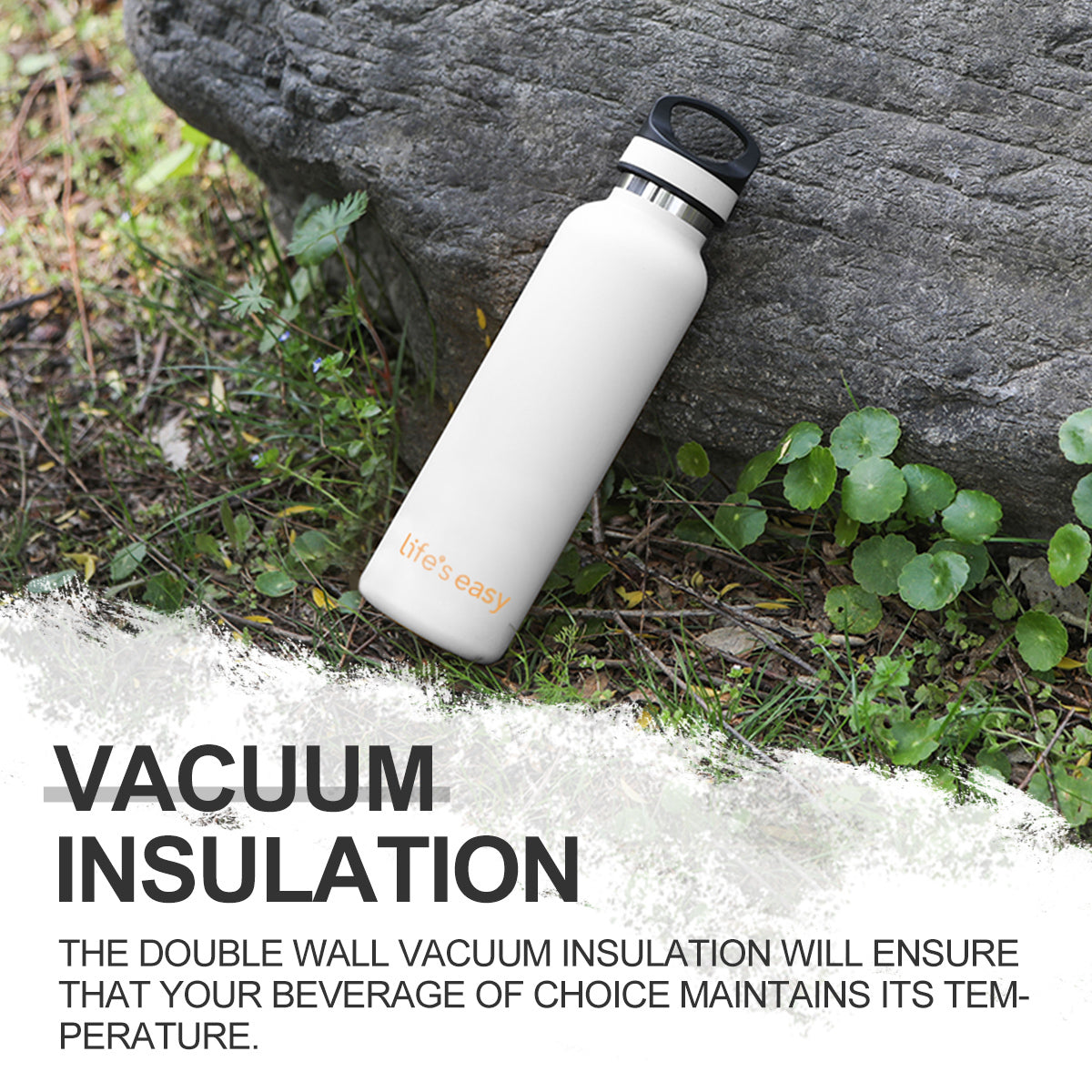 LIFE'S EASY 20 oz. Sports Insulated Water Bottle with Lid. Stainless Steel Vacuum Double Wall Thermo for Modern Hot and Cold Drinks, Simple Metal Hydro Canteen for Travel Men and Women (White) - BSX7